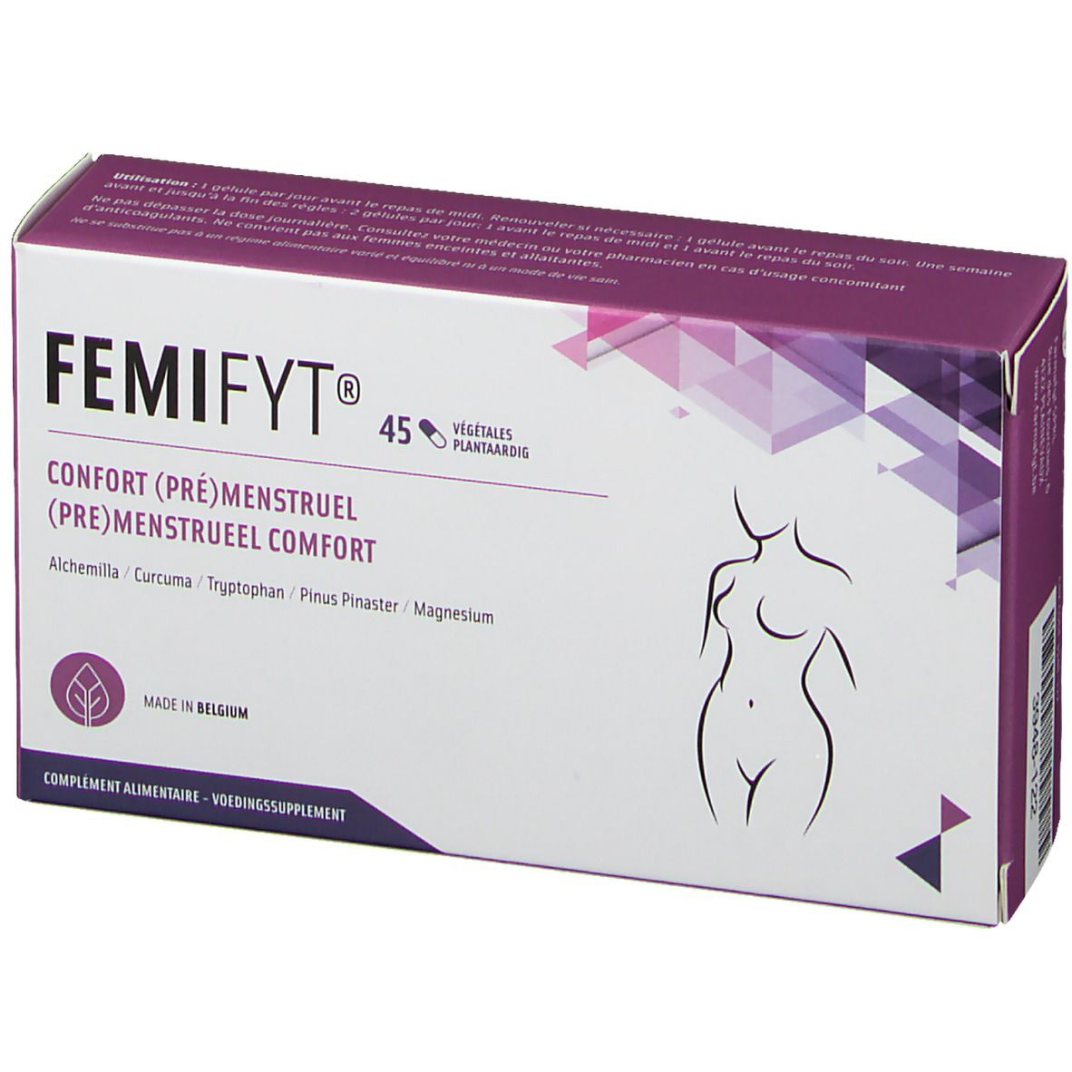 Boîte Femifyt, violet et blanc. Inscription: 'Confort (Pré)menstruel', 45 gélules, ingrédients. Silhouette féminine.