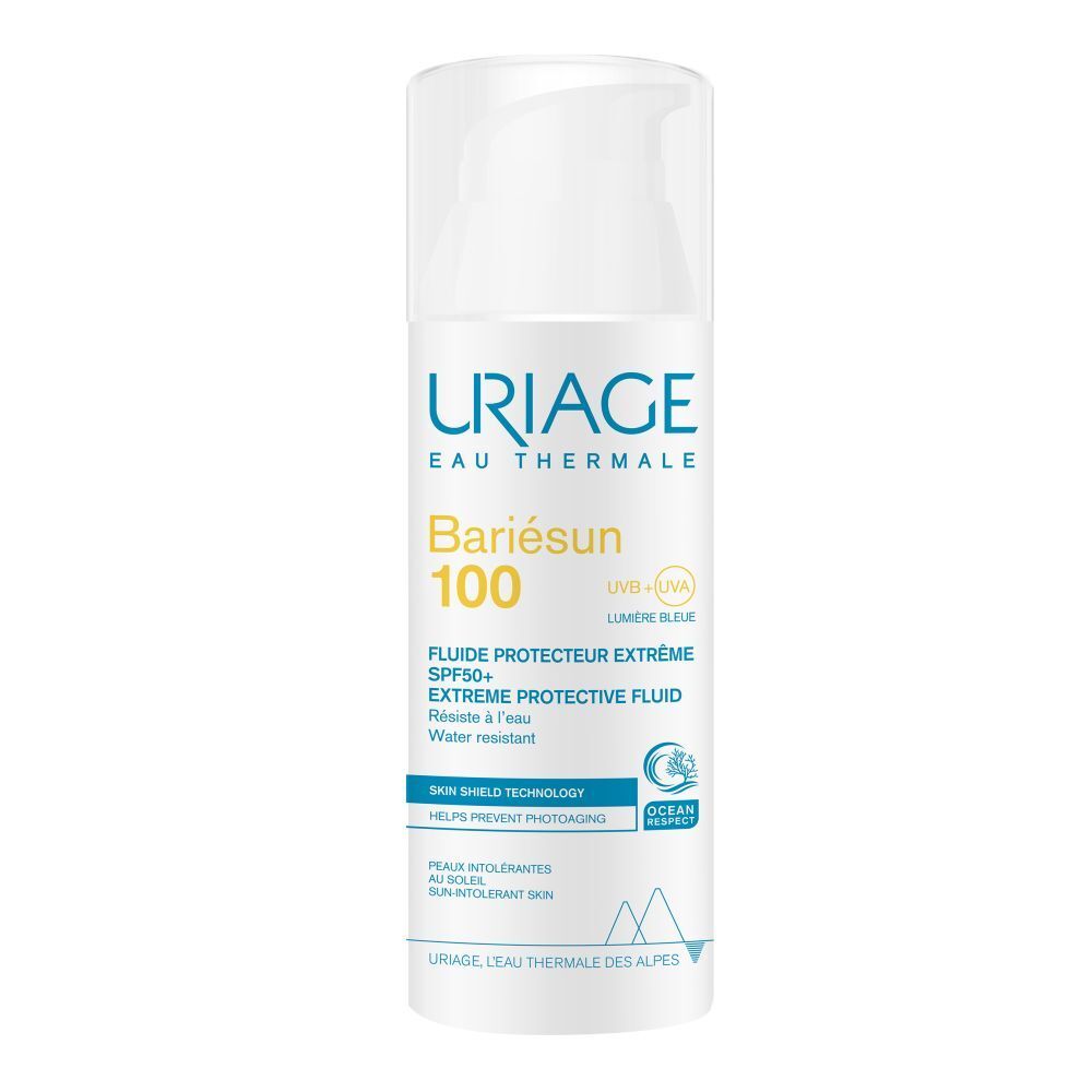 Flacon blanc URIAGE Bariésun 100 Fluid. Protection solaire SPF50+. Résistant à l'eau. Texte bleu et jaune.