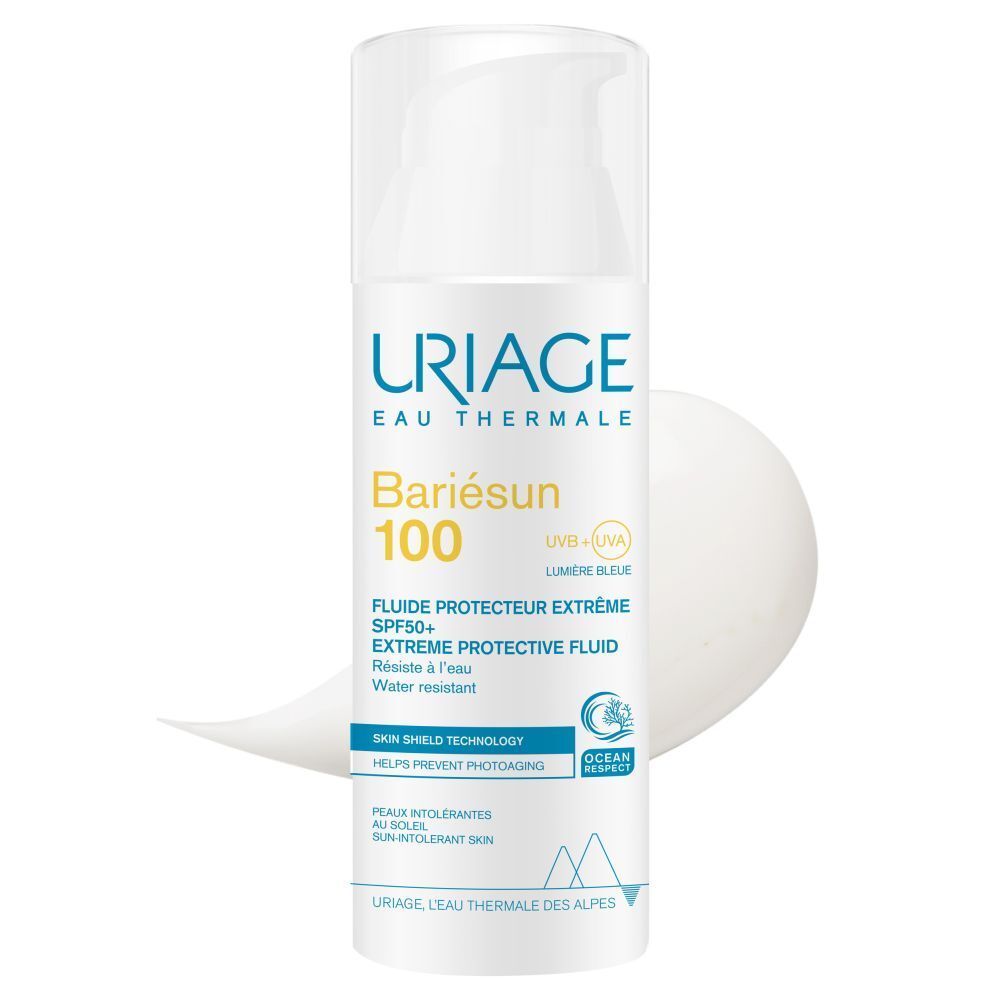 Dos du flacon blanc URIAGE Bariésun 100 Fluid. Texte multilingue. 50ml.