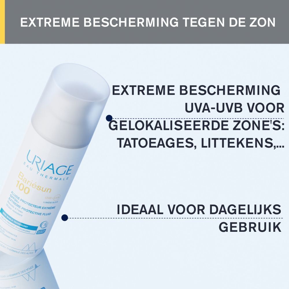 Achterkant witte fles URIAGE Bariésun 100 Fluid. Meertalige tekst. 50ml.