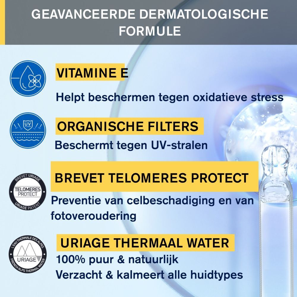 Achterkant witte fles URIAGE Bariésun 100 Fluid. Meertalige tekst. 50ml.