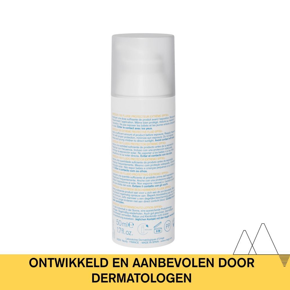 Achterkant witte fles URIAGE Bariésun 100 Fluid. Meertalige tekst. 50ml.