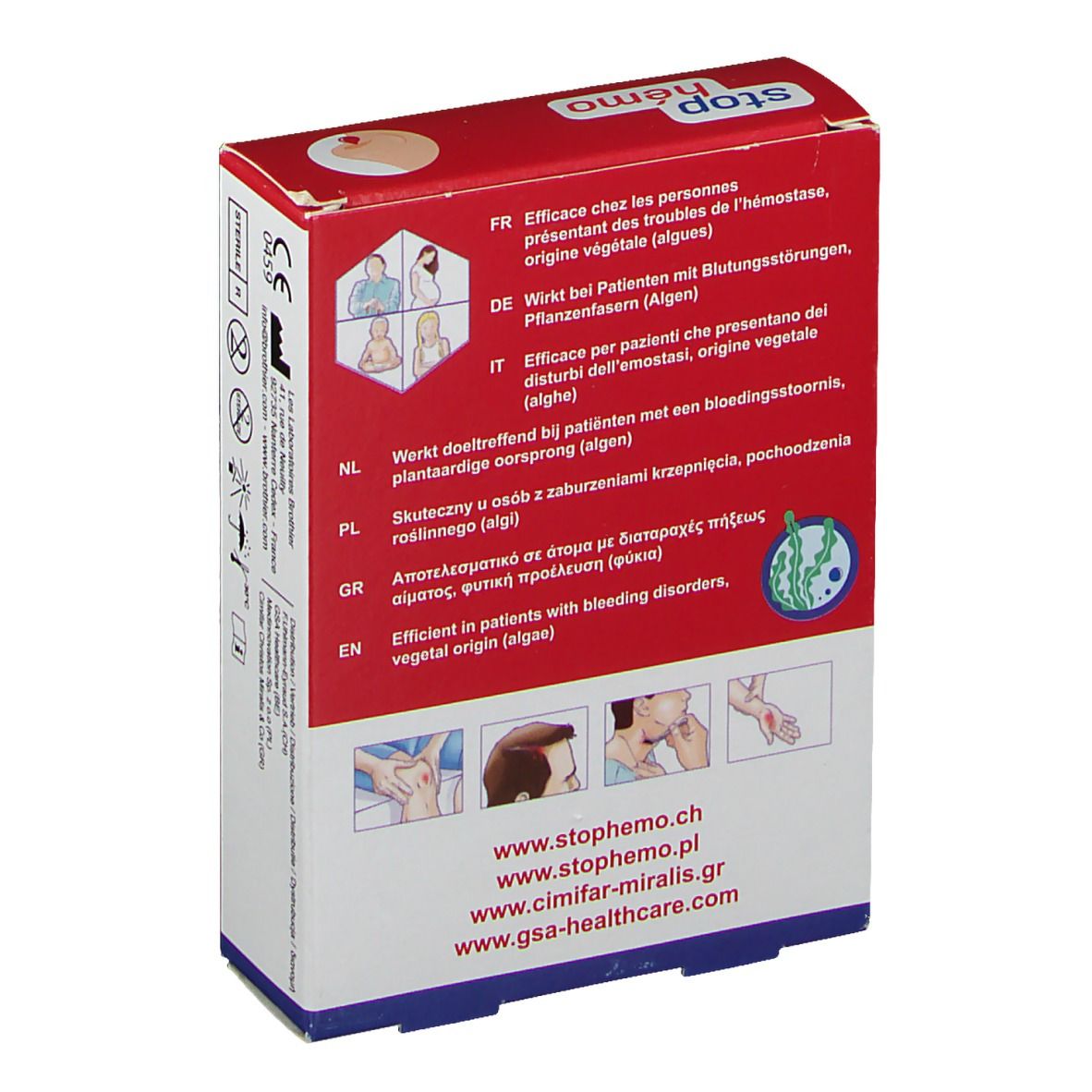 Dos de la boîte avec informations sur le produit et pictogrammes. Contient des informations sur l'utilisation et le fabricant.