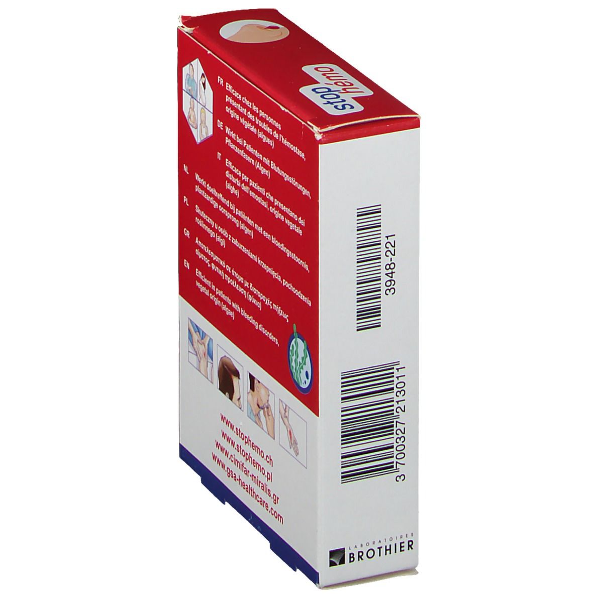 Boîte en biais avec informations sur le produit et code-barres. Contient des informations sur l'utilisation et le fabricant.