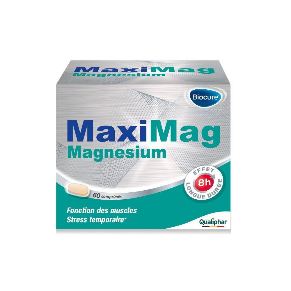 Boîte de Biocure MaxiMag Magnesium, 60 comprimés, effet 8h longue durée. Logo Qualiphar.