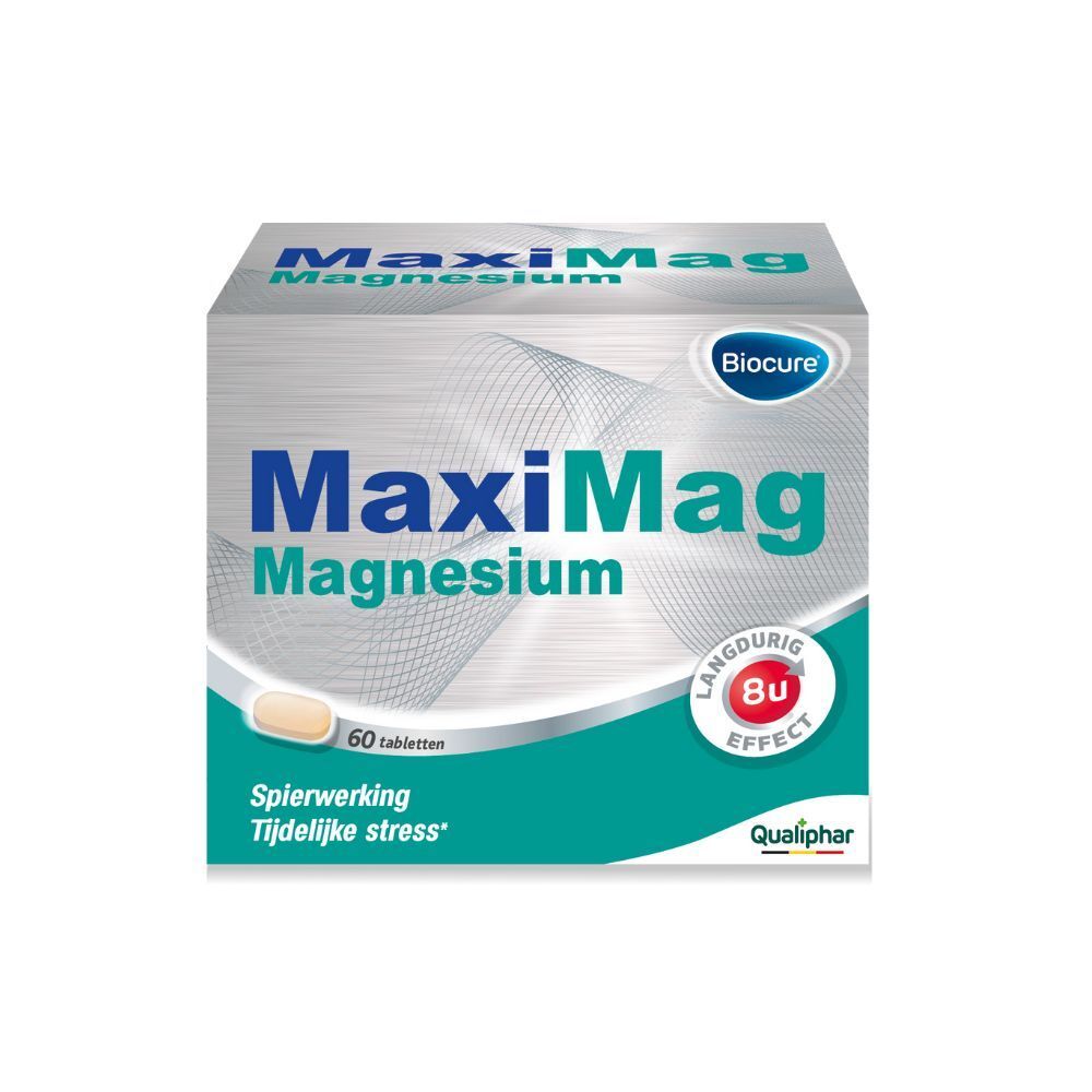 Verpakking Biocure MaxiMag Magnesium, 60 tabletten, 8u effect. Qualiphar logo.