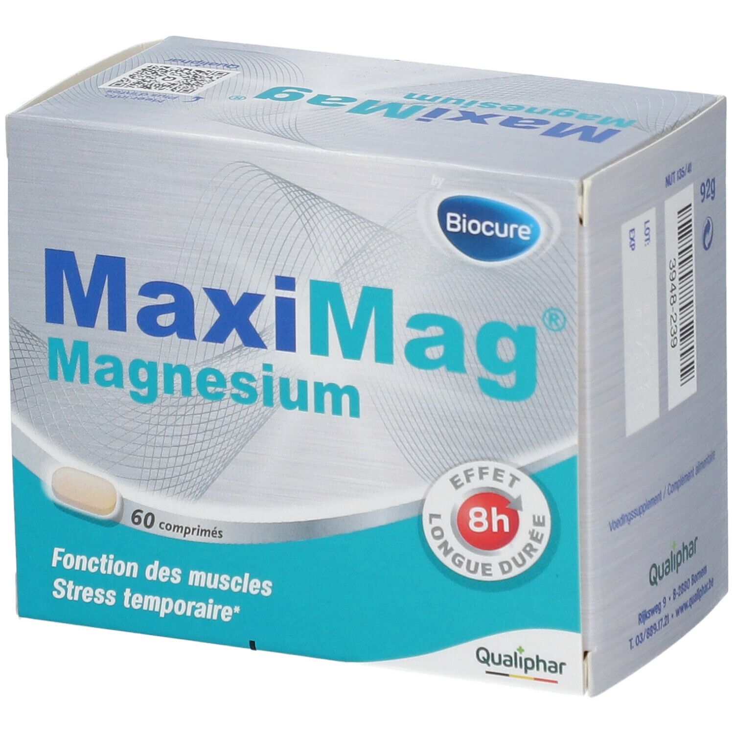 Verpakking Biocure MaxiMag Magnesium, 60 tabletten, 8u effect. Qualiphar logo.