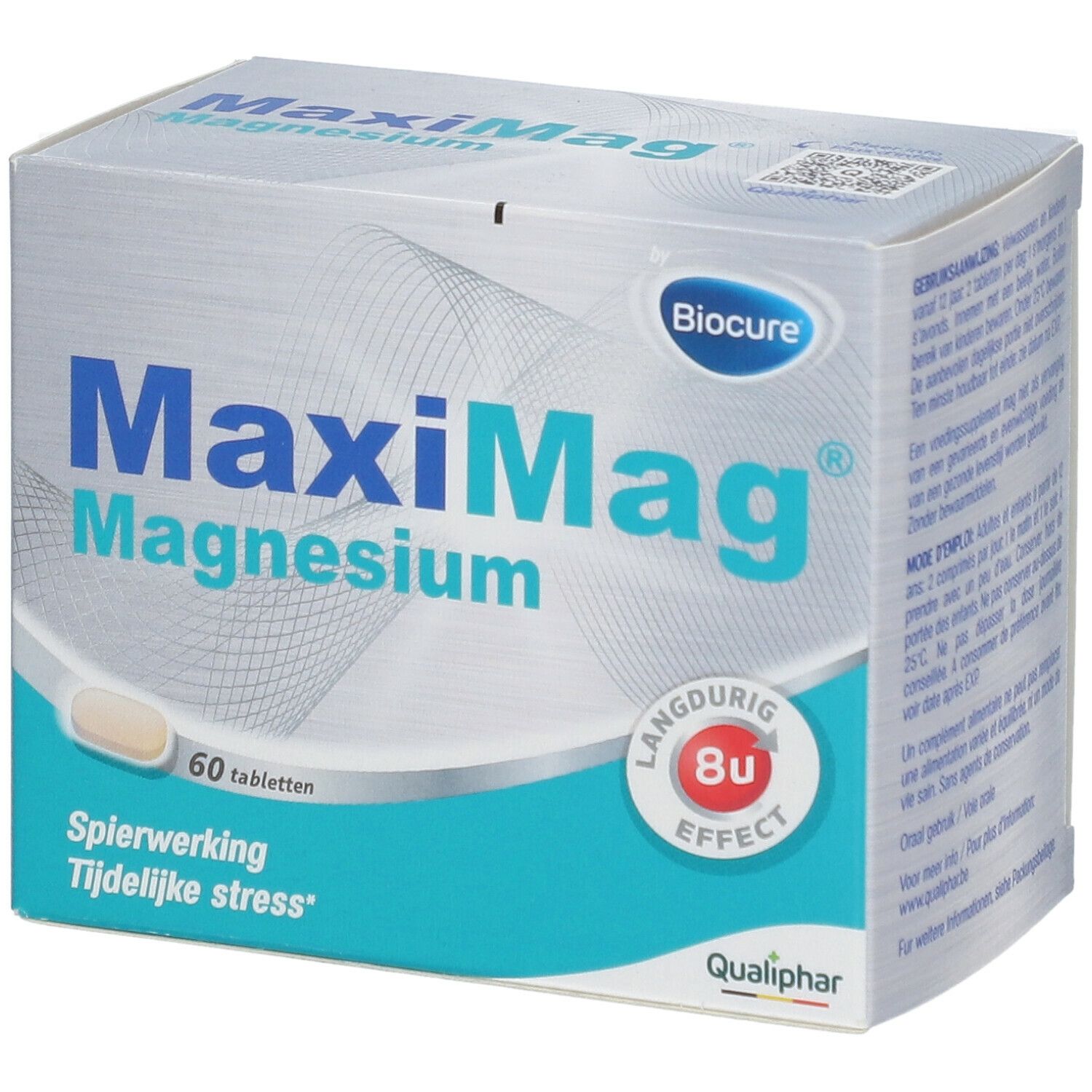 Verpakking Biocure MaxiMag Magnesium, 60 tabletten, 8u effect. Qualiphar logo.