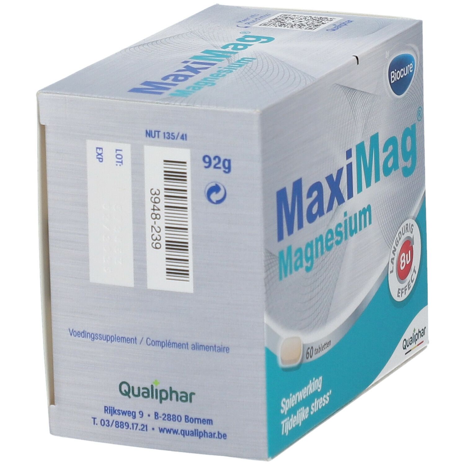 Verpakking Biocure MaxiMag Magnesium, 60 tabletten, 8u effect. Qualiphar logo.