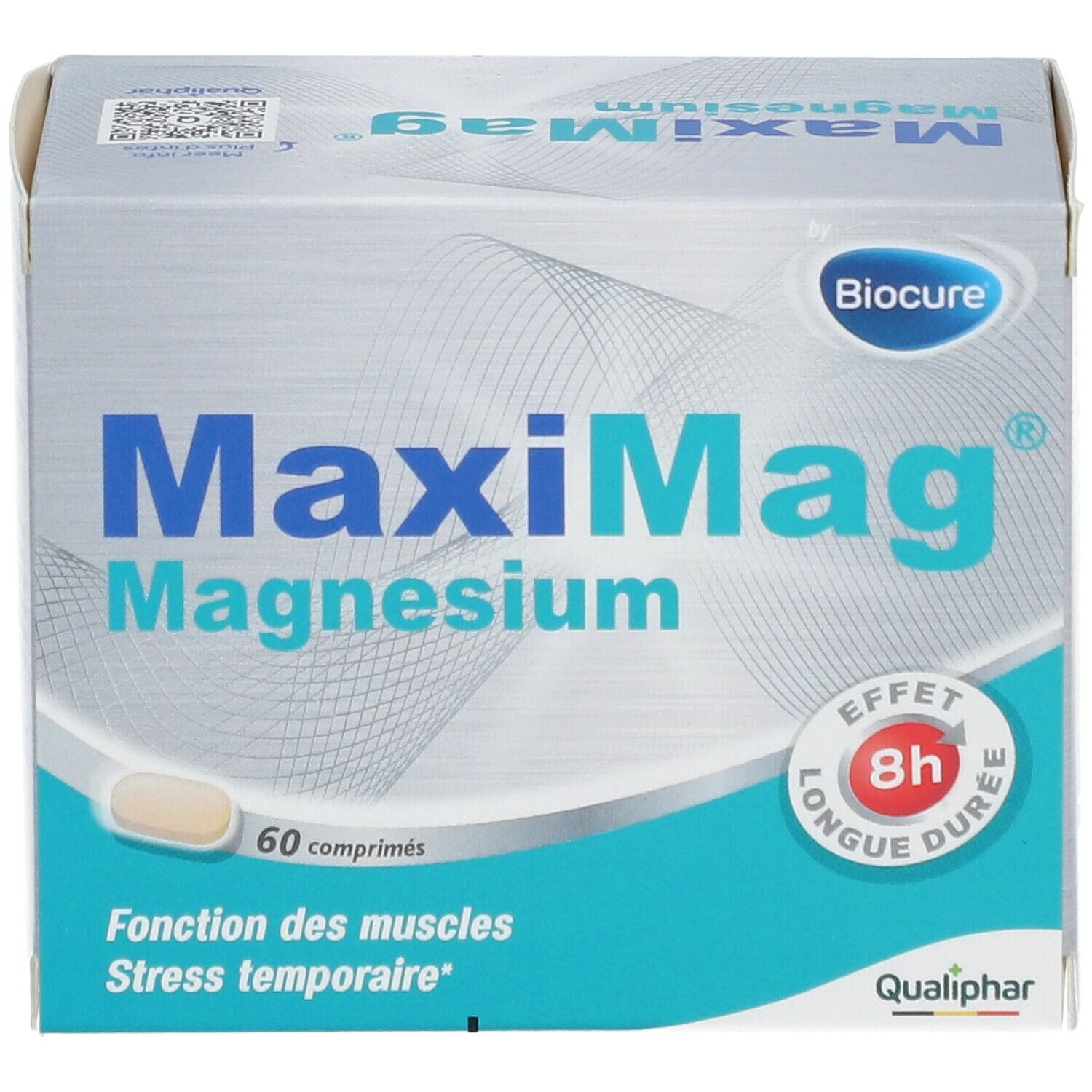 Verpakking Biocure MaxiMag Magnesium, 60 tabletten, 8u effect. Qualiphar logo.