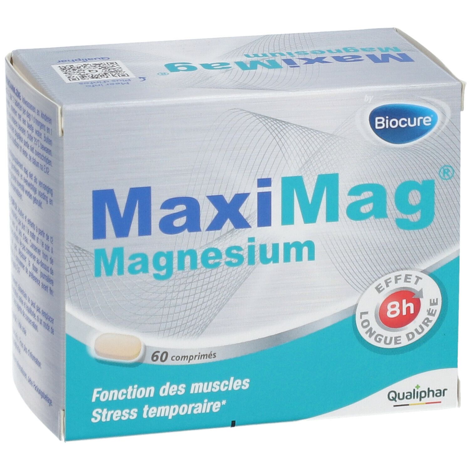 Verpakking Biocure MaxiMag Magnesium, 60 tabletten, 8u effect. Qualiphar logo.
