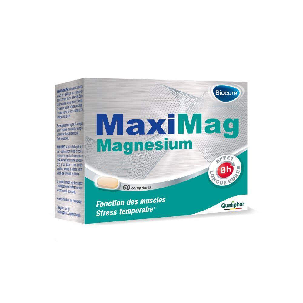 Boîte de Biocure MaxiMag Magnesium, 60 comprimés, effet 8h longue durée. Logo Qualiphar.