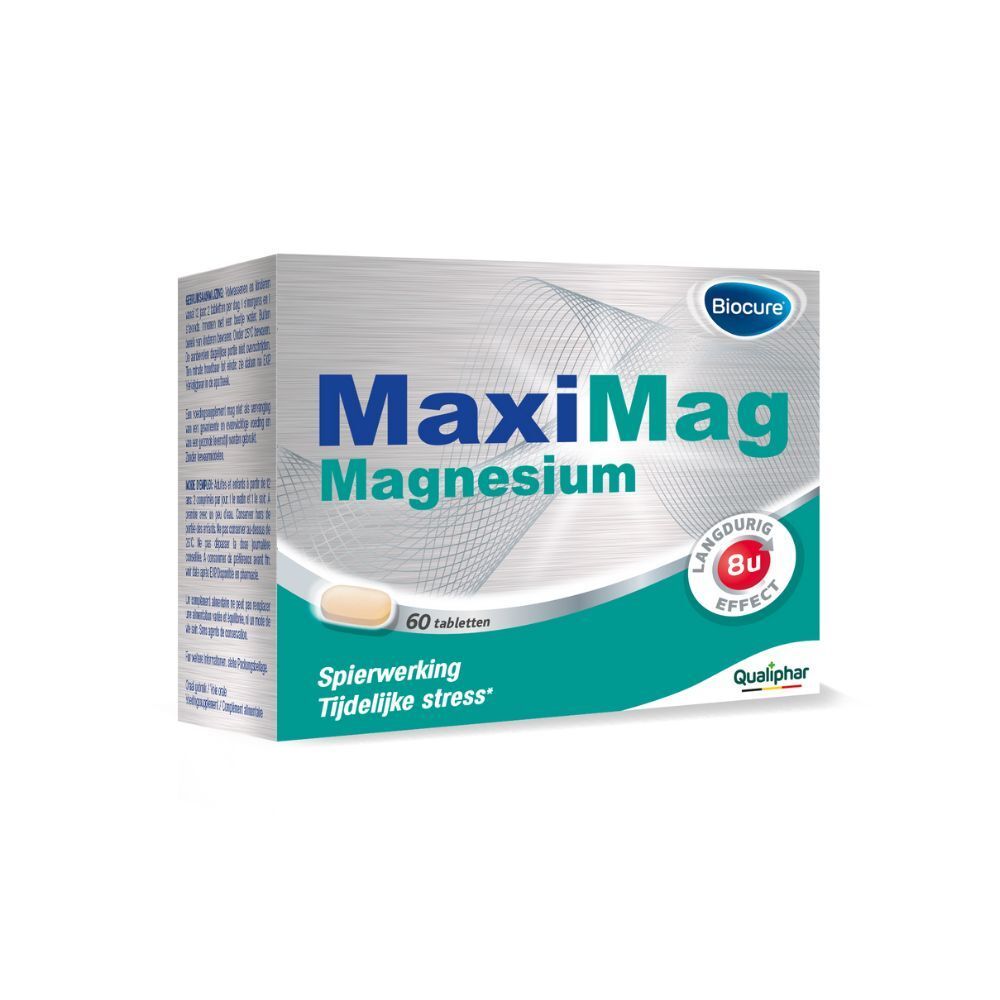Verpakking Biocure MaxiMag Magnesium, 60 tabletten, 8u effect. Qualiphar logo.