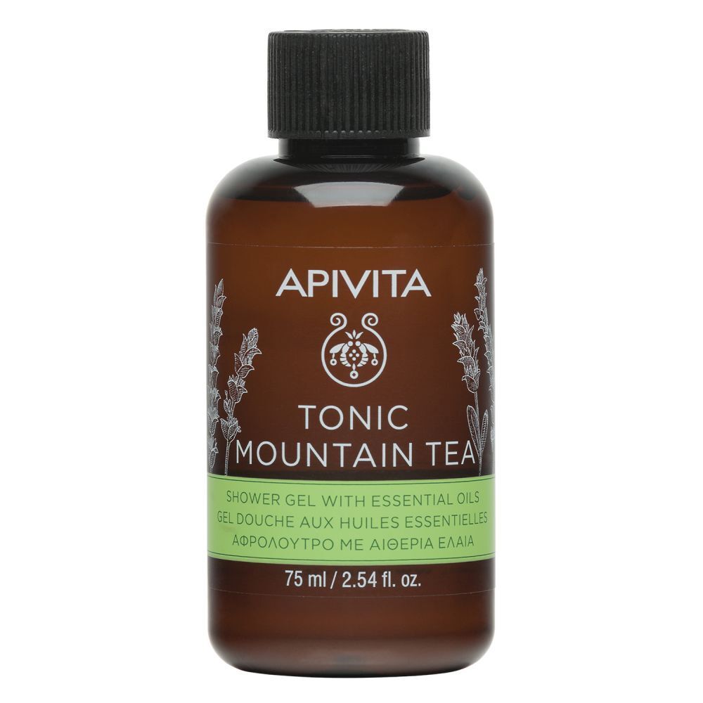 Kleine bruine fles met zwarte dop. Opschrift: APIVITA, Tonic Mountain Tea. Groen-wit etiket. 75 ml.