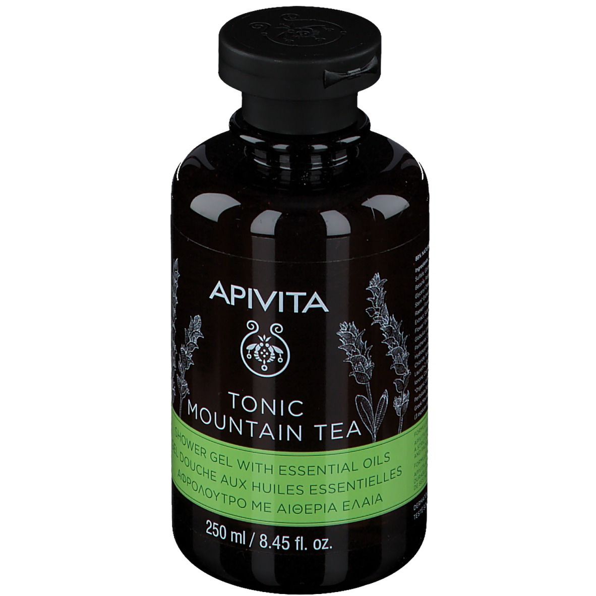 Flacon marron avec bouchon noir. Inscription : APIVITA, Tonic Mountain Tea. Étiquette verte et blanche. 250 ml.
