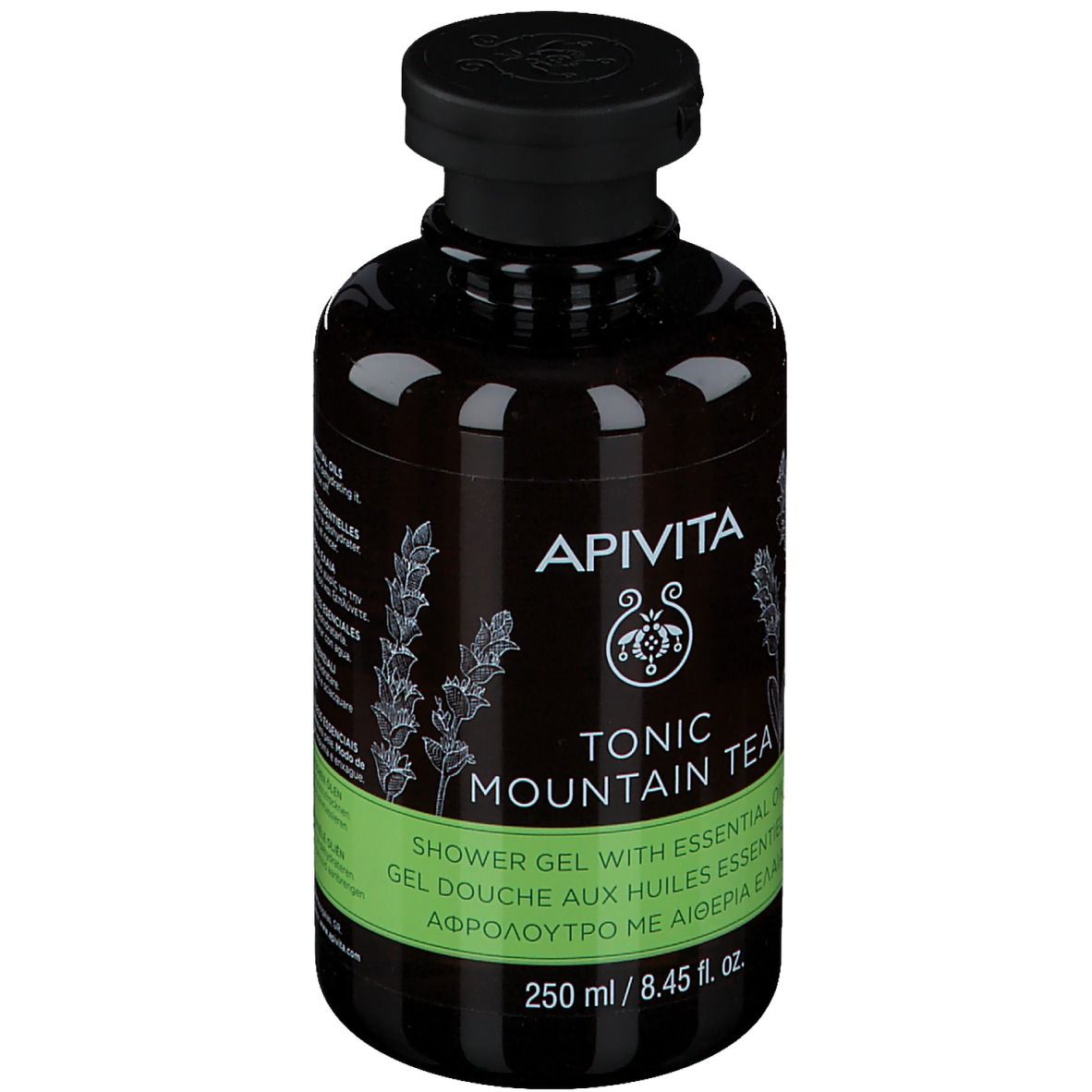 Flacon marron avec bouchon noir. Inscription : APIVITA, Tonic Mountain Tea. Étiquette verte et blanche. 250 ml.