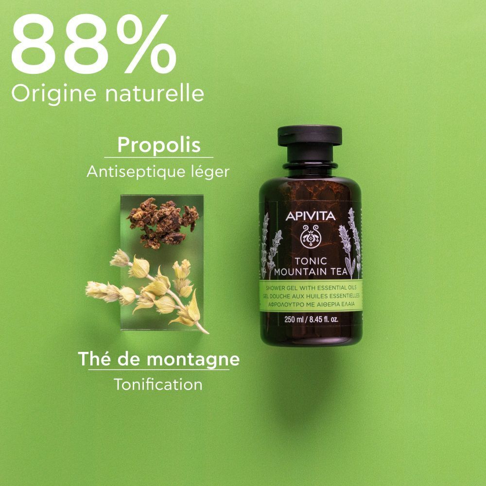 Produit avec ingrédients. Inscription : APIVITA, Tonic Mountain Tea. Texte : 88% Origine naturelle. Thé de montagne.