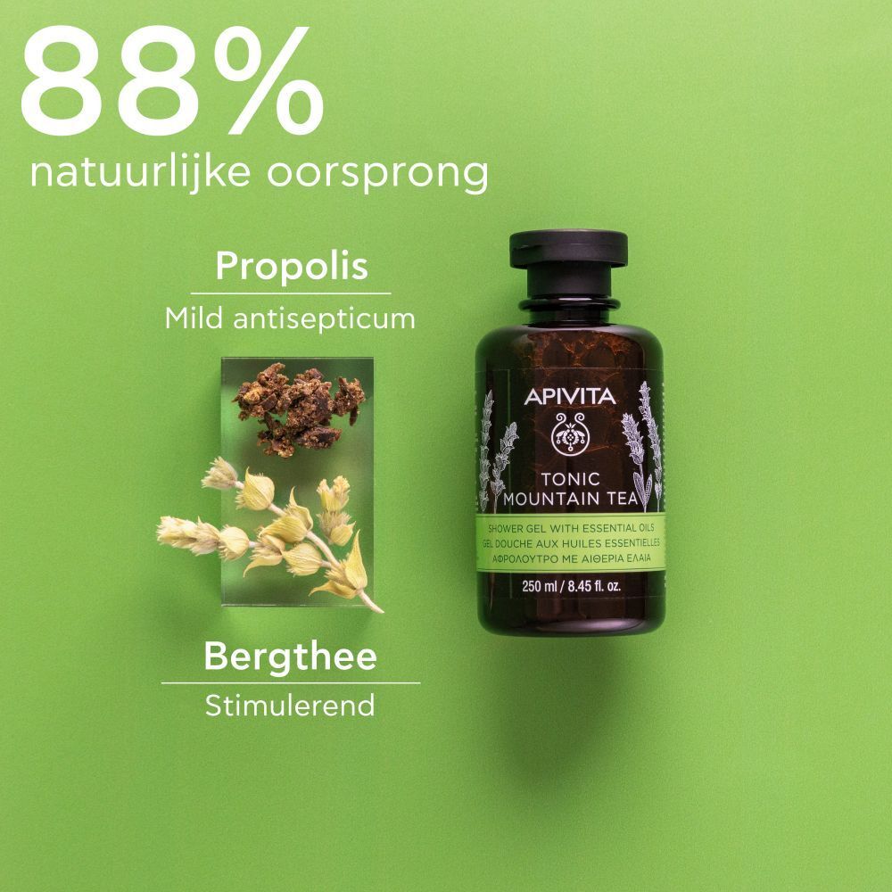 Product met ingrediënten. Opschrift: APIVITA, Tonic Mountain Tea. Tekst: 88% natuurlijke oorsprong. Bergthee.