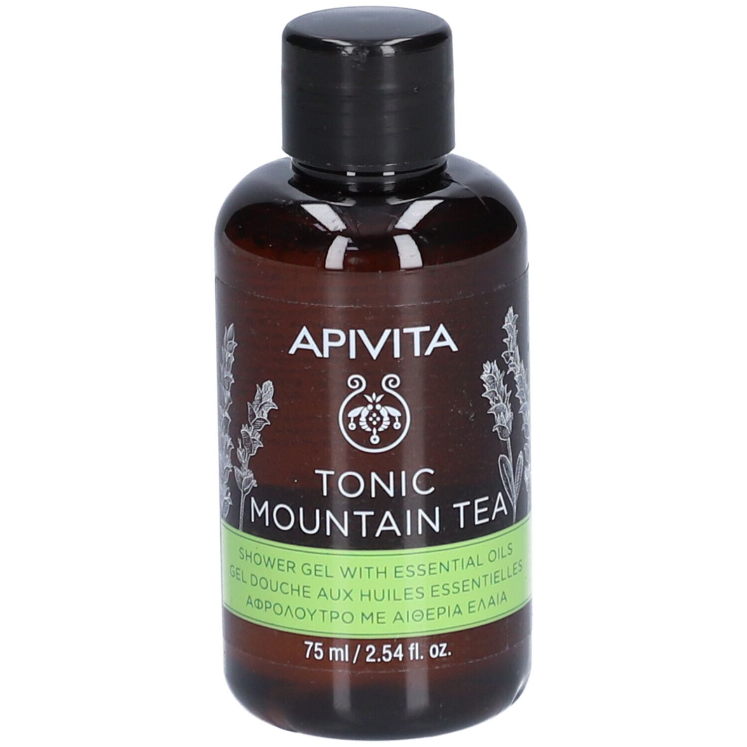 Flacon marron avec bouchon noir. Inscription : Apivita, Tonic Mountain Tea. Étiquette verte avec texte. 75 ml.