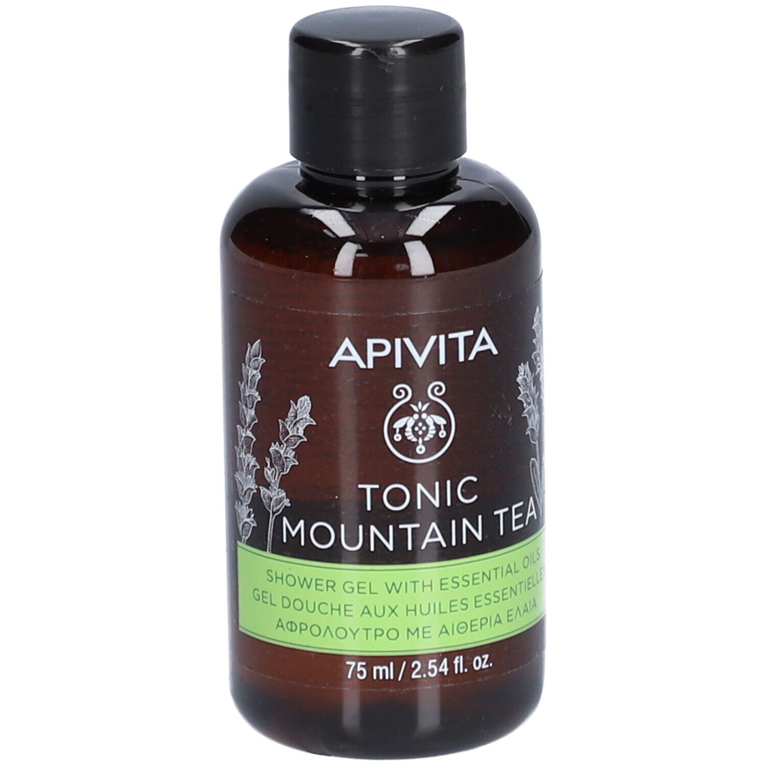 Flacon marron avec bouchon noir. Inscription : Apivita, Tonic Mountain Tea. Étiquette verte avec texte. 75 ml.