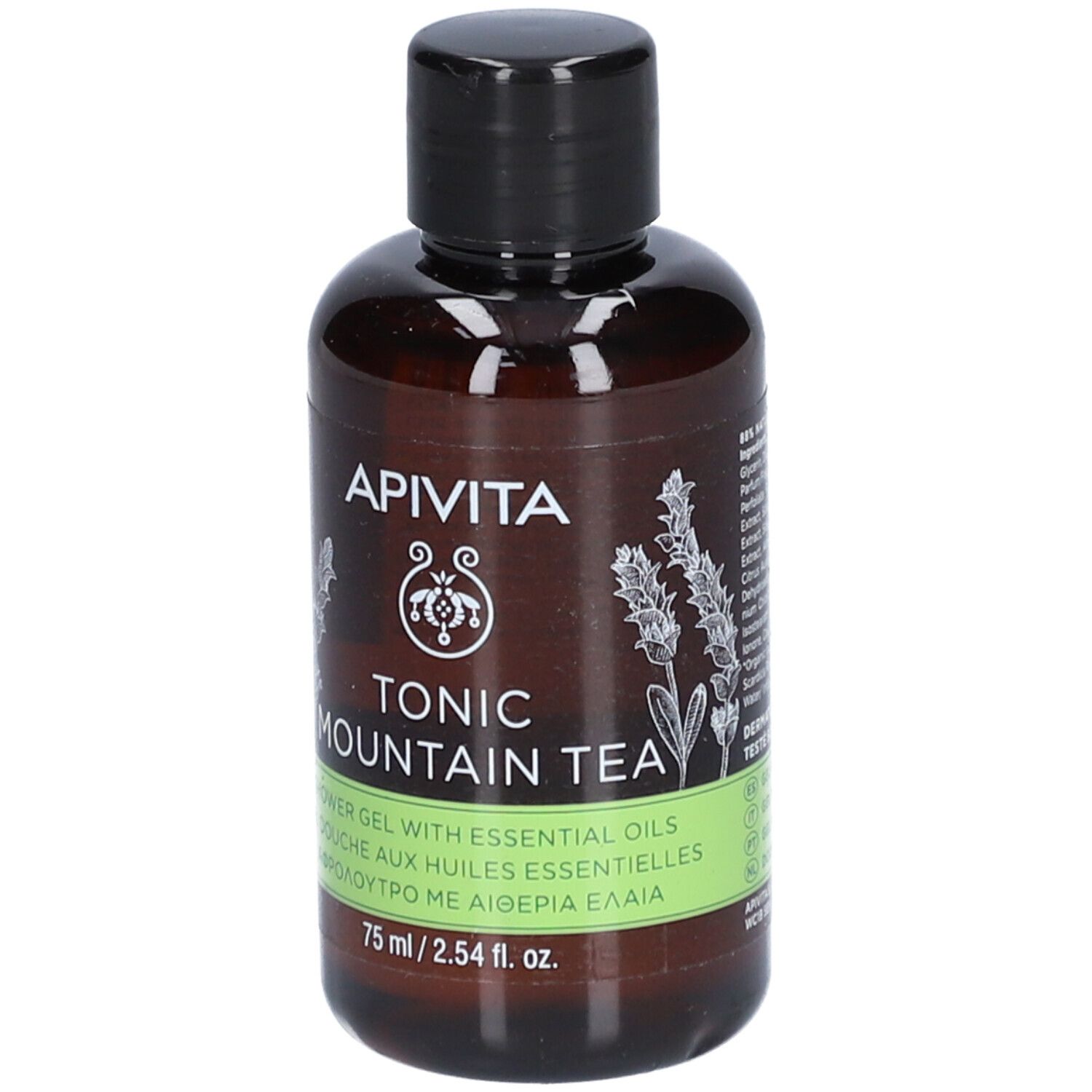 Flacon marron avec bouchon noir. Inscription : Apivita, Tonic Mountain Tea. Étiquette verte avec texte. 75 ml.