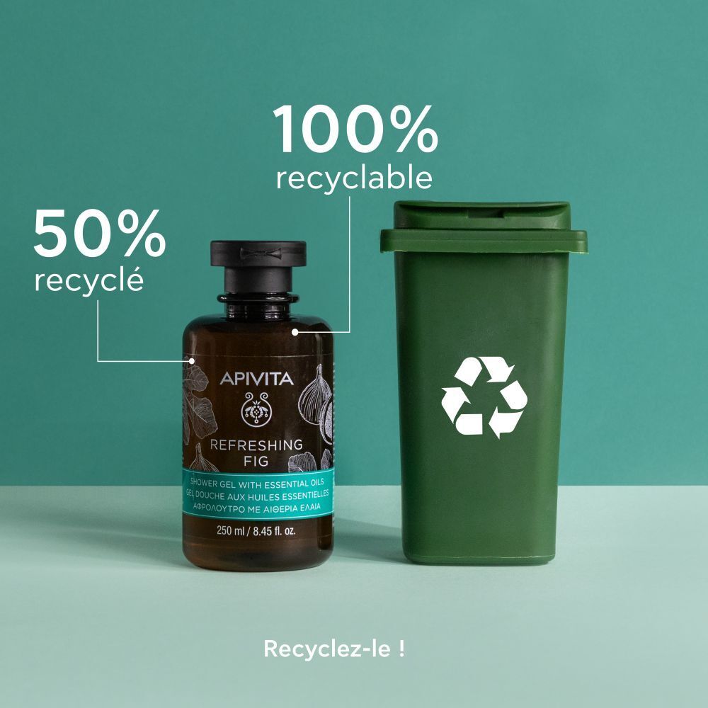 Produit à côté d'une poubelle. Texte: 50% recyclé. Texte: 100% recyclable. Texte: Recyclez-le !