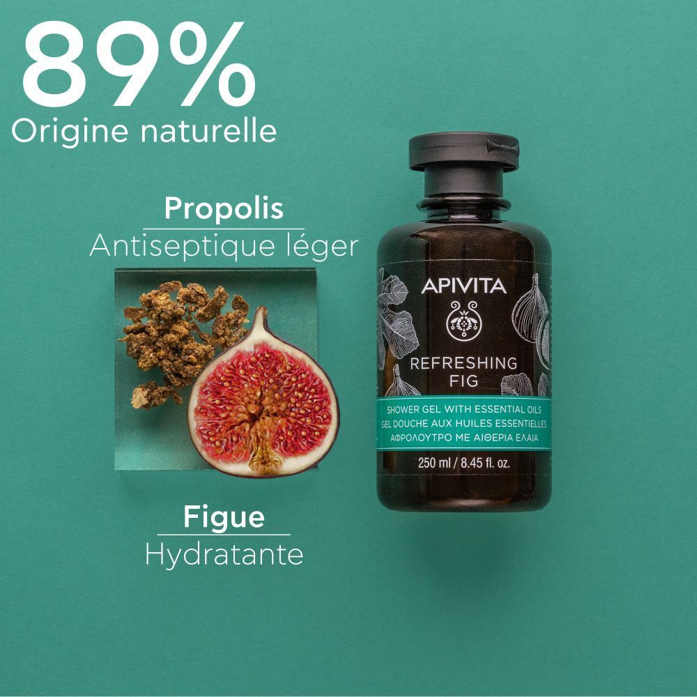 Produit à côté d'une figue et de propolis. Texte: 89% Origine naturelle. Texte: Figuier hydratante. Texte: Propolis.