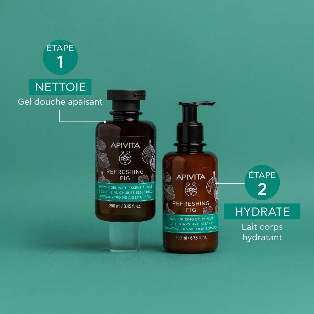 Deux produits. Texte: Étape 1 Nettoie. Texte: Étape 2 Hydrate. Texte: Gel douche apaisant. Texte: Lait corps hydratant.