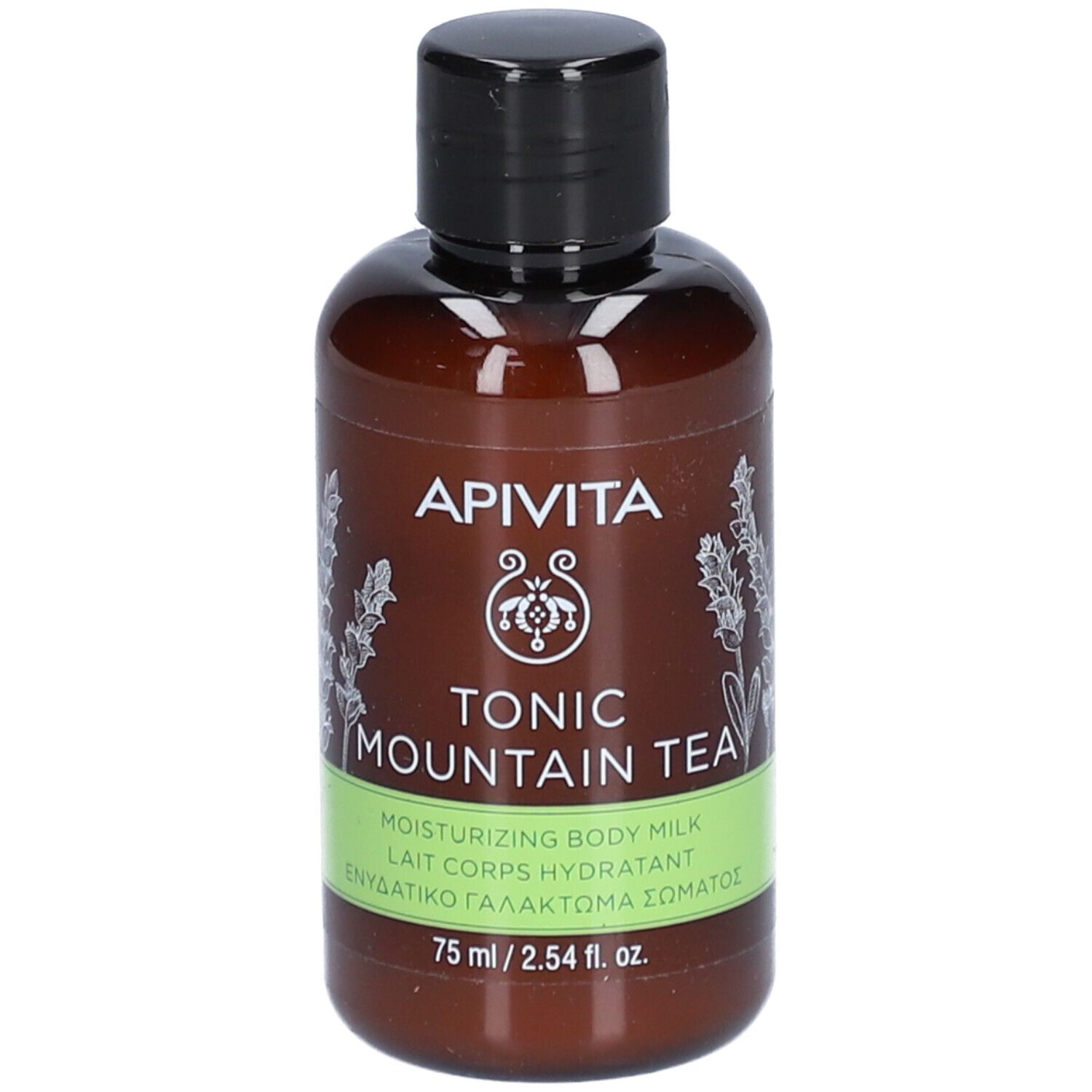 Flacon marron avec bouchon noir. Inscription : Apivita, Tonic Mountain Tea, Lait Corps Hydratant.
