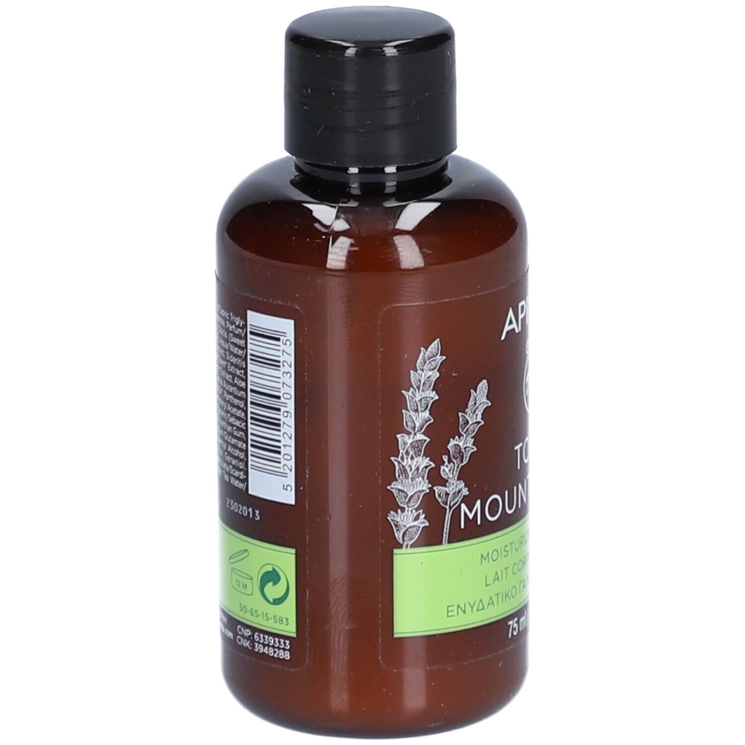 Flacon marron avec bouchon noir. Étiquette arrière avec texte et logos. 75 ml.