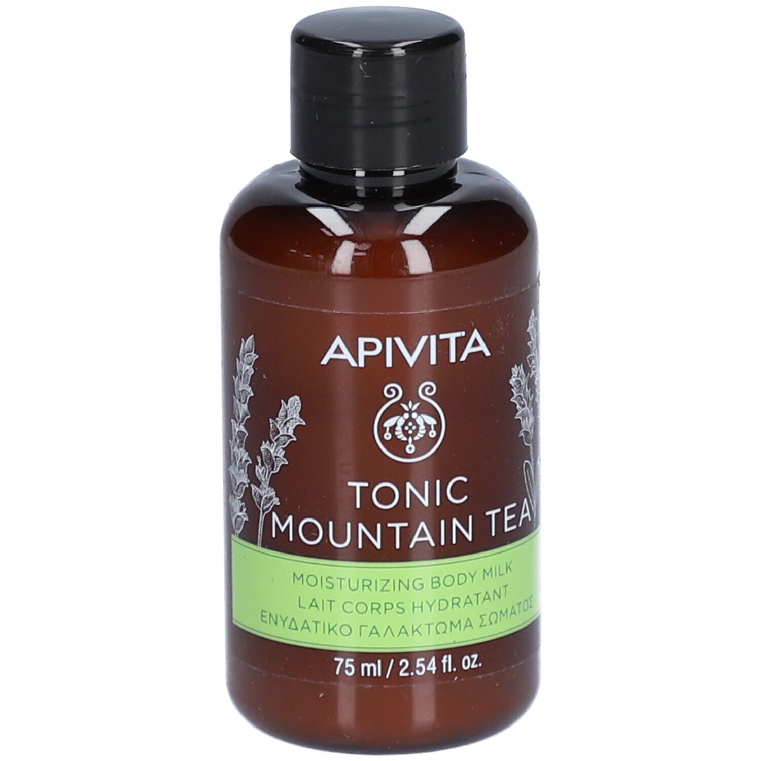 Flacon marron avec bouchon noir. Inscription : Apivita, Tonic Mountain Tea, Lait Corps Hydratant.