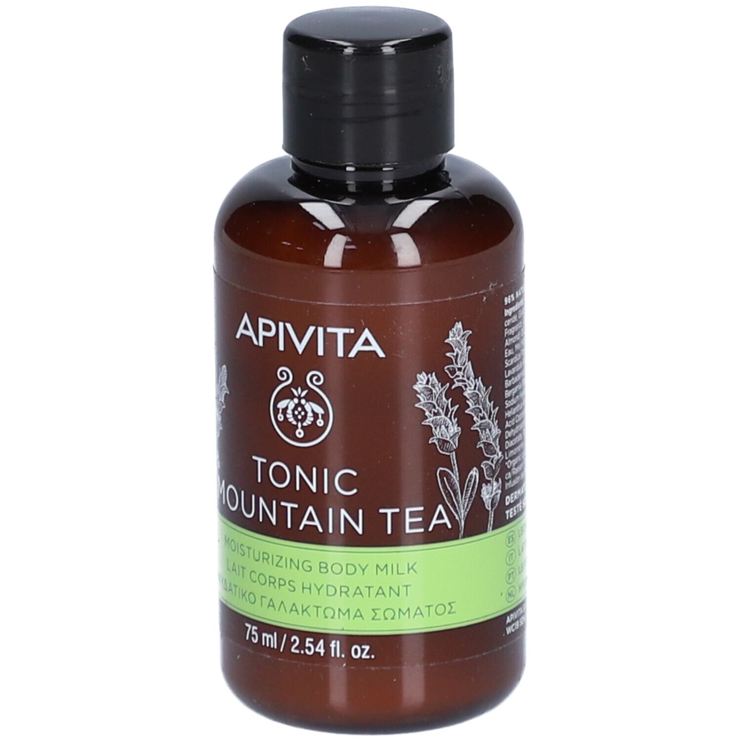 Flacon marron avec bouchon noir. Inscription : Apivita, Tonic Mountain Tea, Lait Corps Hydratant.