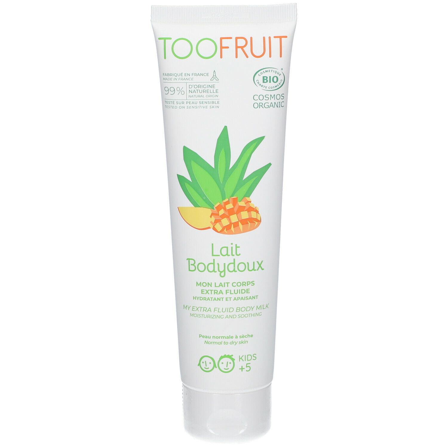 Tube blanc avec texte vert. Illustration de mangue. Inscription "Lait Bodydoux", "Kids +5", label bio.
