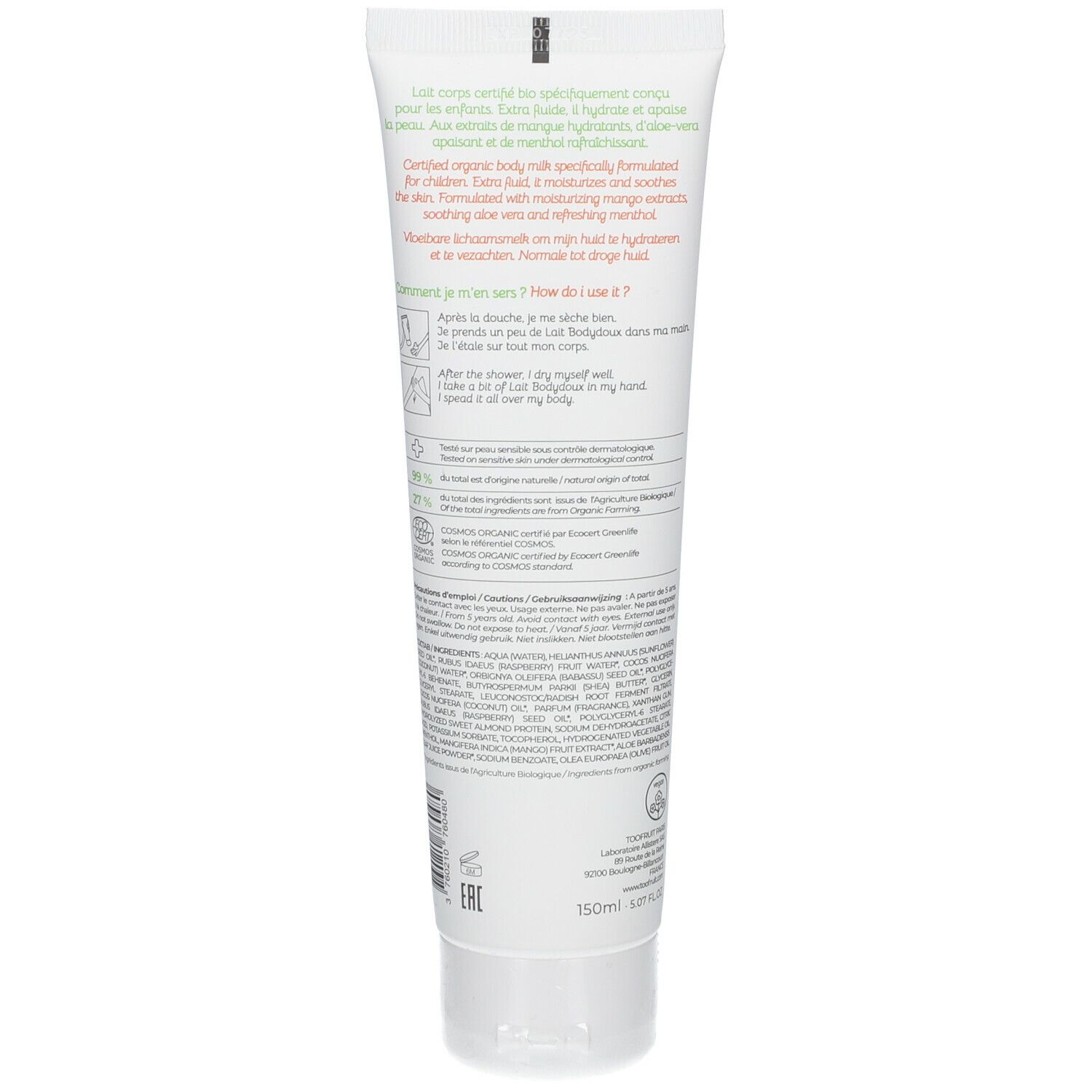 Dos du tube blanc. Texte multilingue. Label bio et indication de quantité.