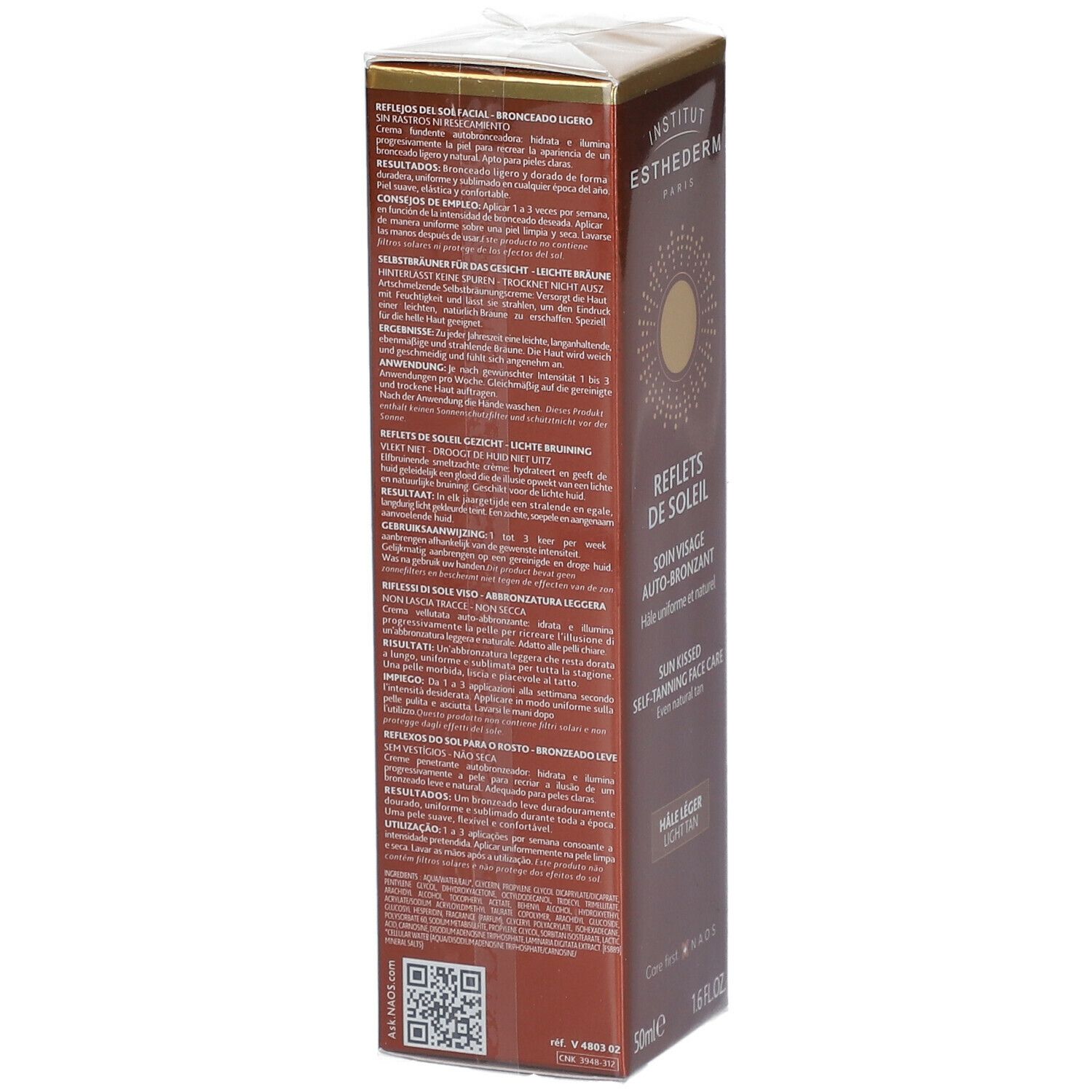 Boîte marron, vue latérale. Texte: informations produit, ingrédients, mode d'emploi. INSTITUT ESTHEDERM PARIS.