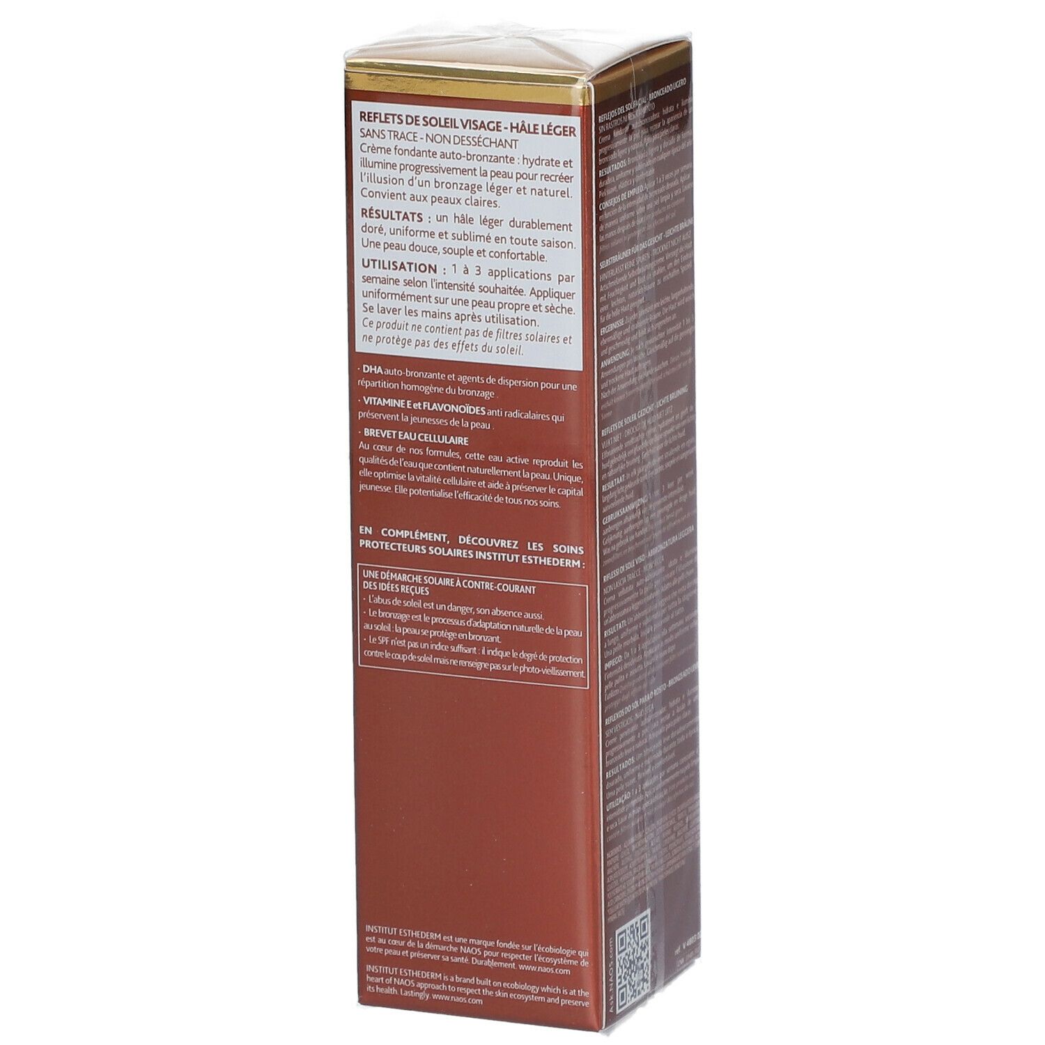 Boîte marron, vue latérale. Texte: informations produit, mode d'emploi, ingrédients. INSTITUT ESTHEDERM PARIS.