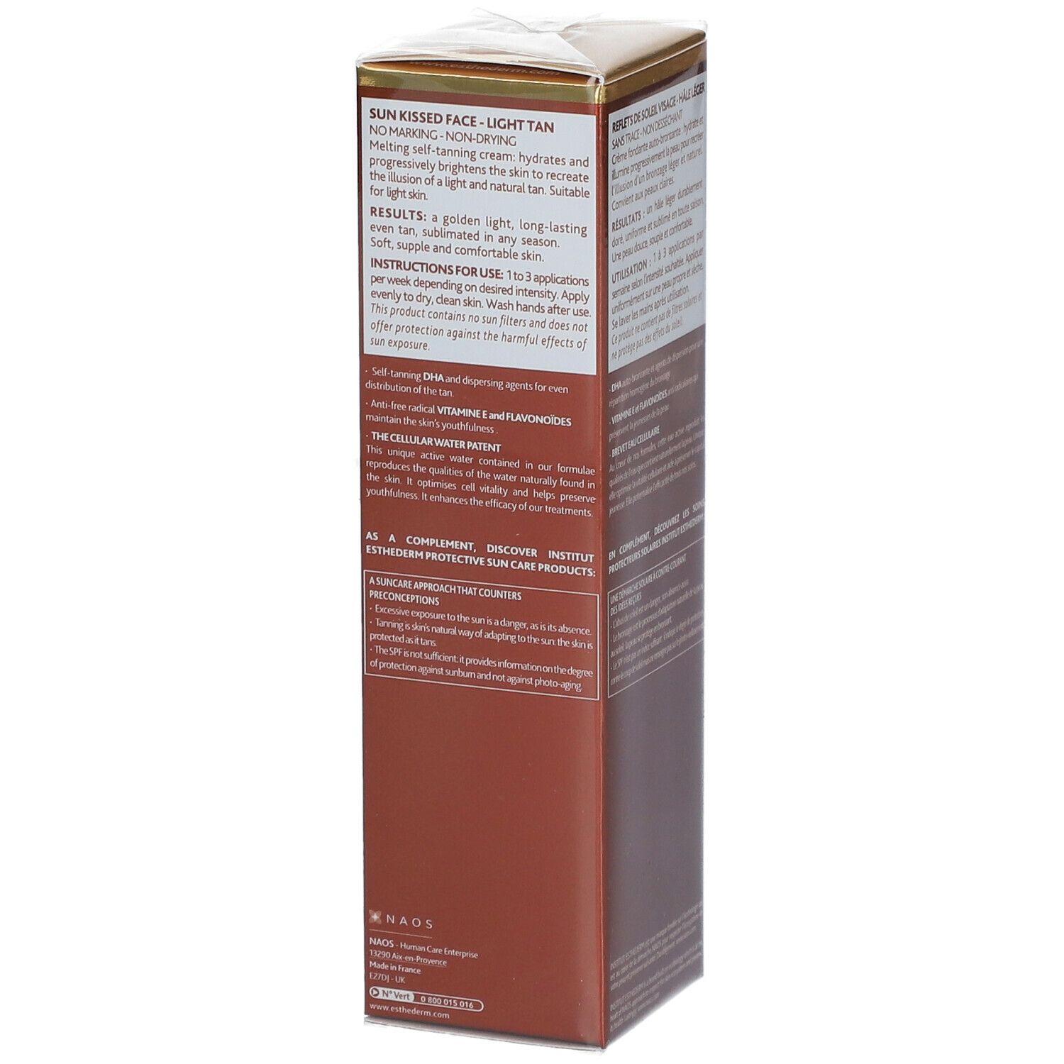 Boîte marron, vue latérale. Texte: informations produit, mode d'emploi, ingrédients. INSTITUT ESTHEDERM PARIS.