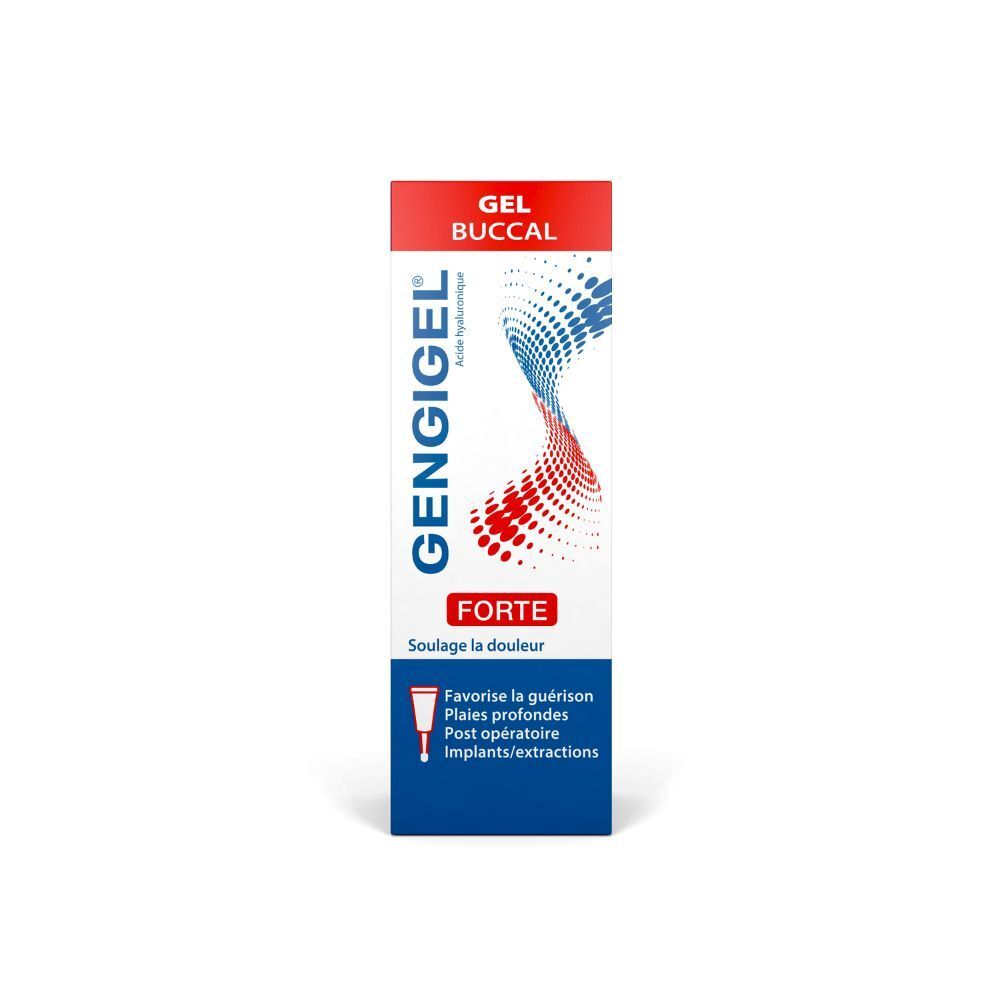 Boîte de Gengigel Forte Gel Aphtes. Blanc, rouge et bleu. Texte: Gel Buccal, Forte. Contient de l'acide hyaluronique.