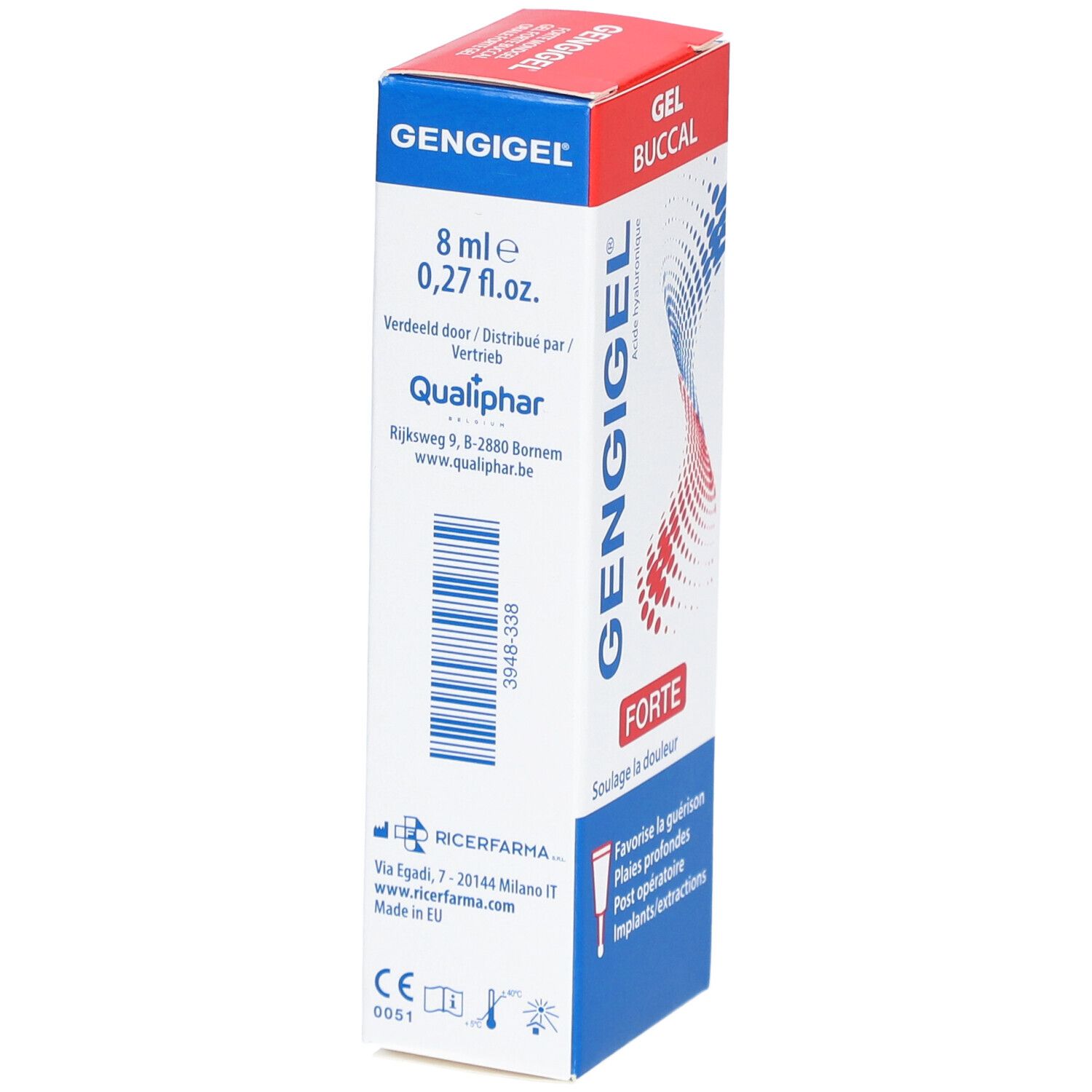Boîte de Gengigel Forte Gel Aphtes. Blanc, rouge et bleu. Contient 8 ml de gel. Texte: Gel Buccal, Forte.