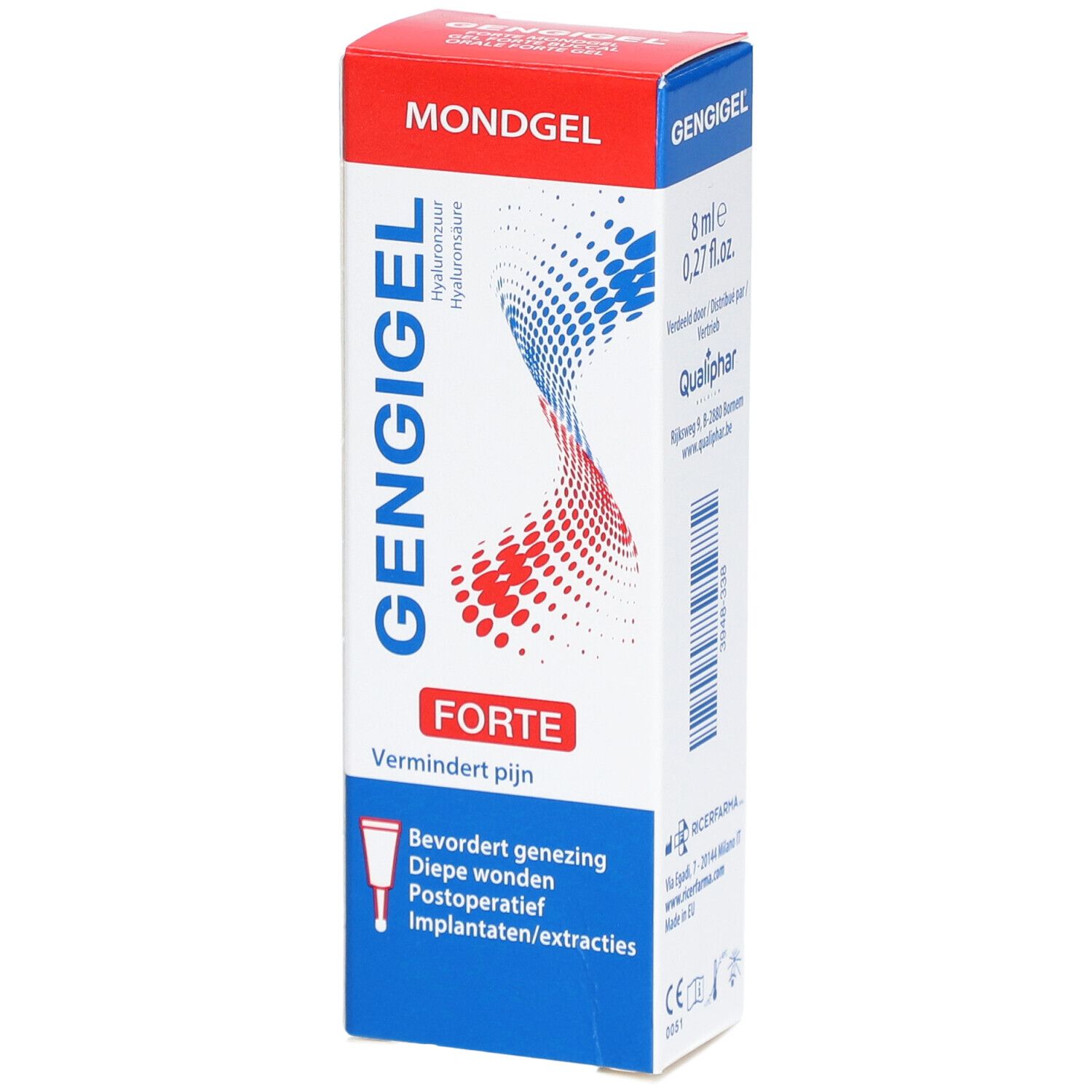 Boîte de Gengigel Forte Gel Aphtes. Blanc, rouge et bleu. Texte: Mondgel, Forte. Contient de l'acide hyaluronique.