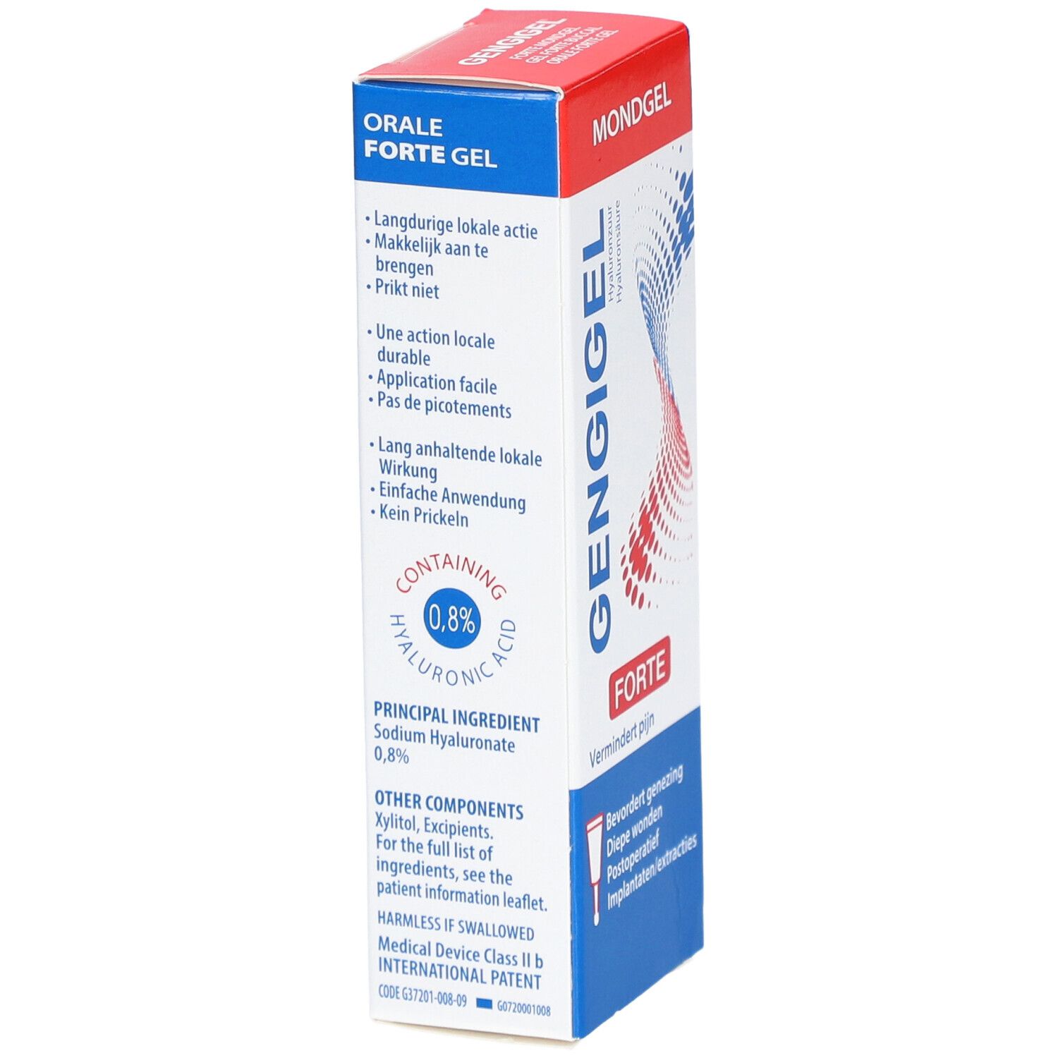 Boîte de Gengigel Forte Gel Aphtes. Blanc, rouge et bleu. Texte: Orale Forte Gel, Contient 0,8% d'acide hyaluronique.