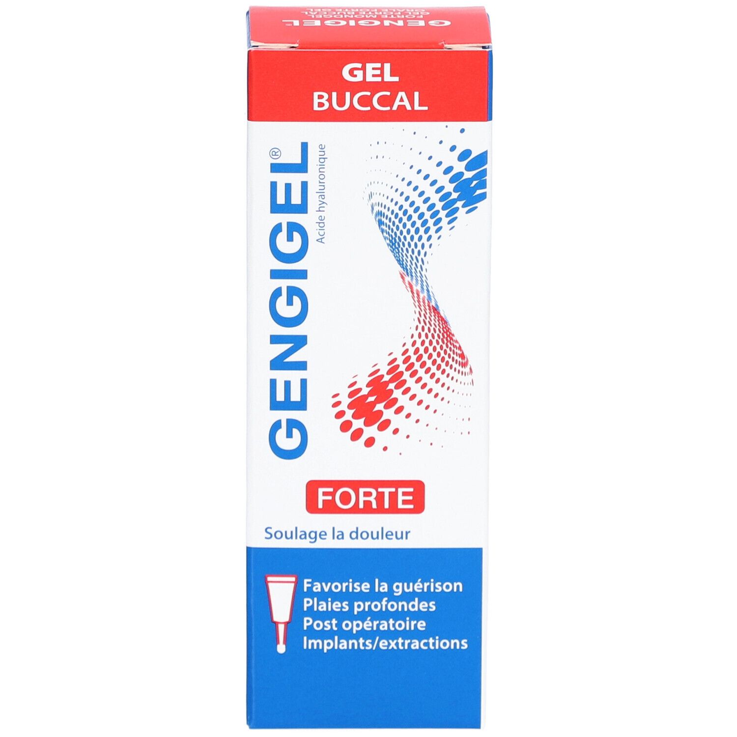 Boîte de Gengigel Forte Gel Aphtes. Blanc, rouge et bleu. Texte: Gel Buccal, Forte. Contient de l'acide hyaluronique.