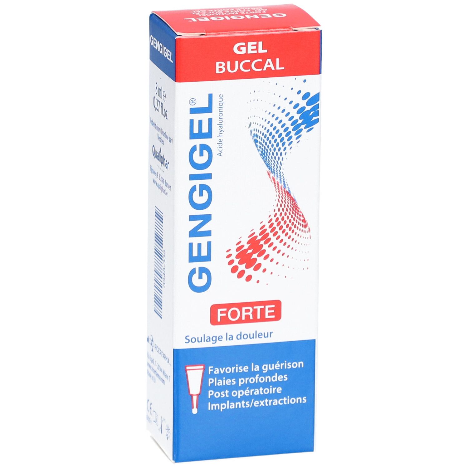 Boîte de Gengigel Forte Gel Aphtes. Blanc, rouge et bleu. Contient 8 ml de gel. Texte: Gel Buccal, Forte.