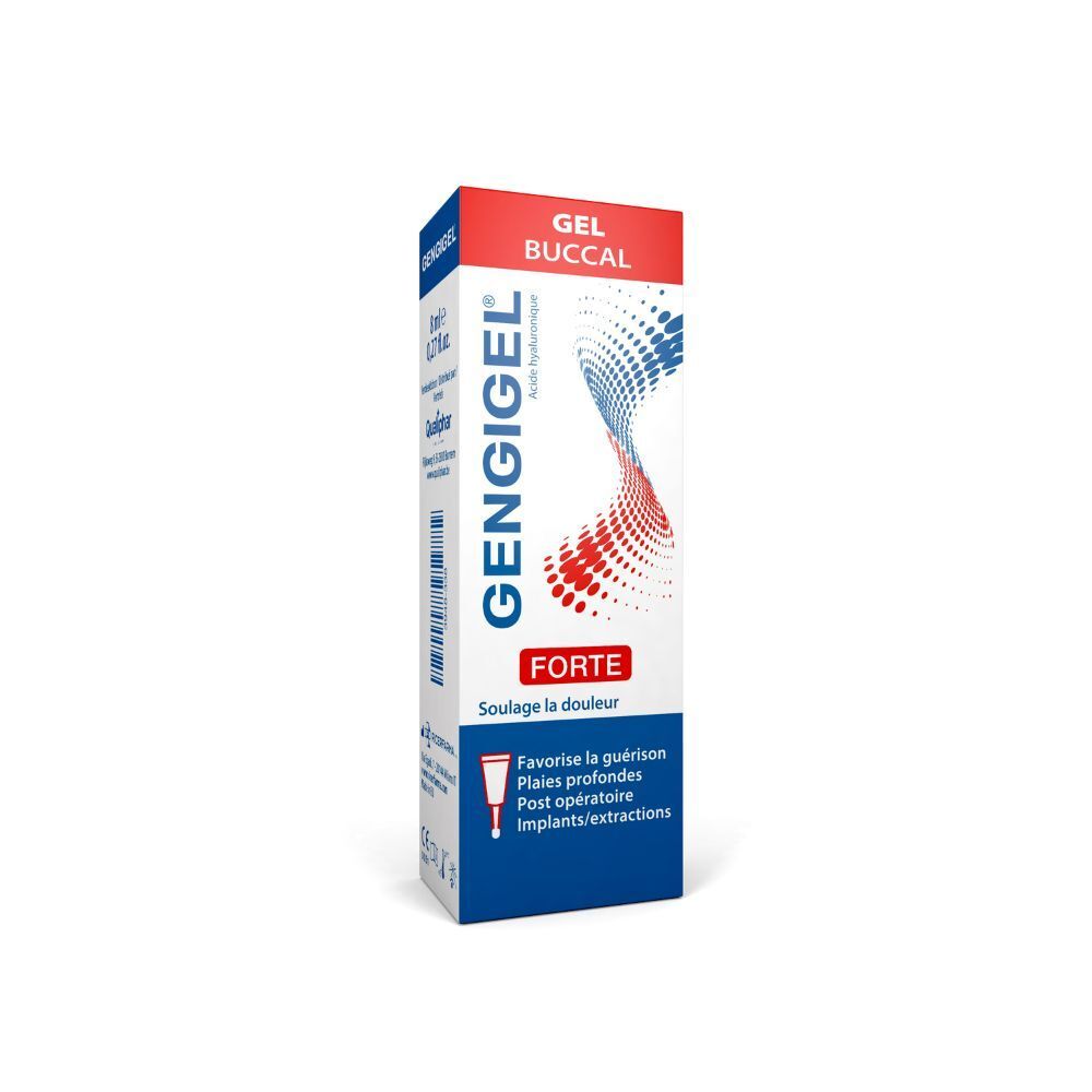 Boîte de Gengigel Forte Gel Aphtes. Blanc, rouge et bleu. Texte: Gel Buccal, Forte. Contient de l'acide hyaluronique.