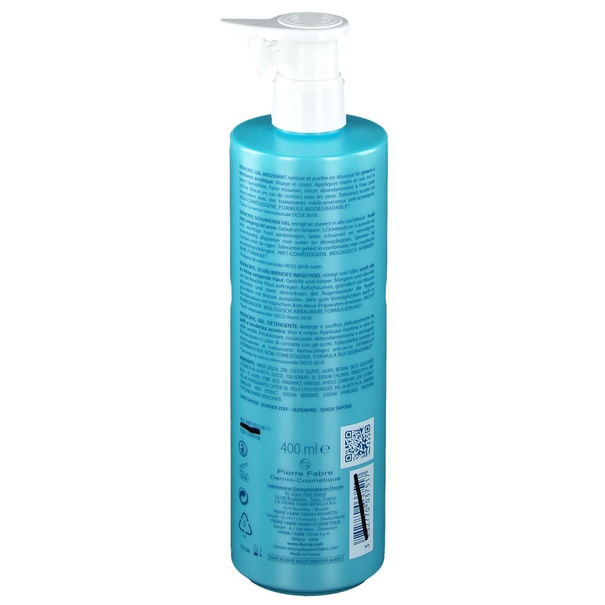 Dos d'un flacon turquoise avec pompe blanche. Texte et symboles. 400 ml. Code QR et code-barres.