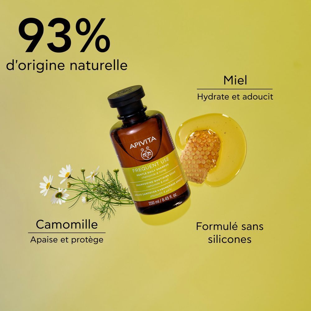 Flacon avec ingrédients. Texte : 93% d'origine naturelle. Marque : Apivita. Shampooing.