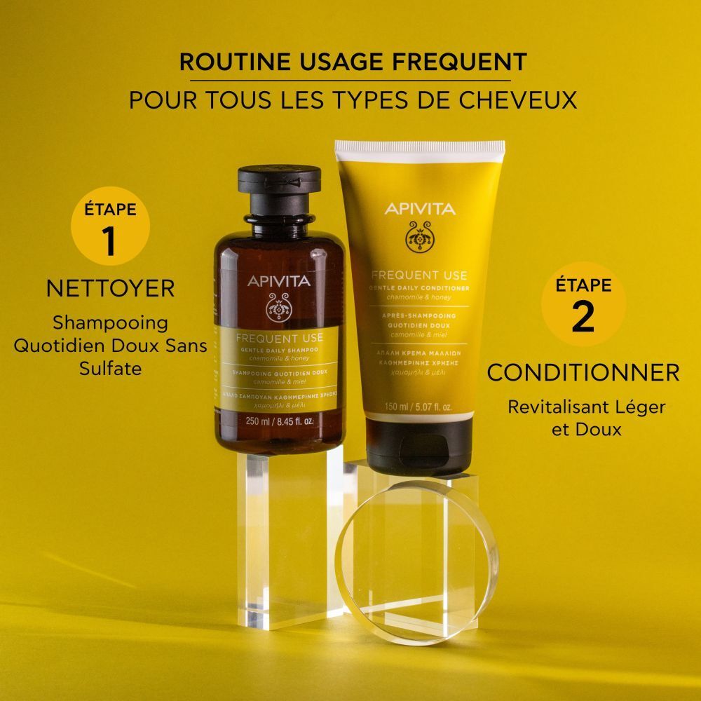 Shampooing et après-shampooing. Texte : Routine usage frequent. Marque : Apivita. Produits.