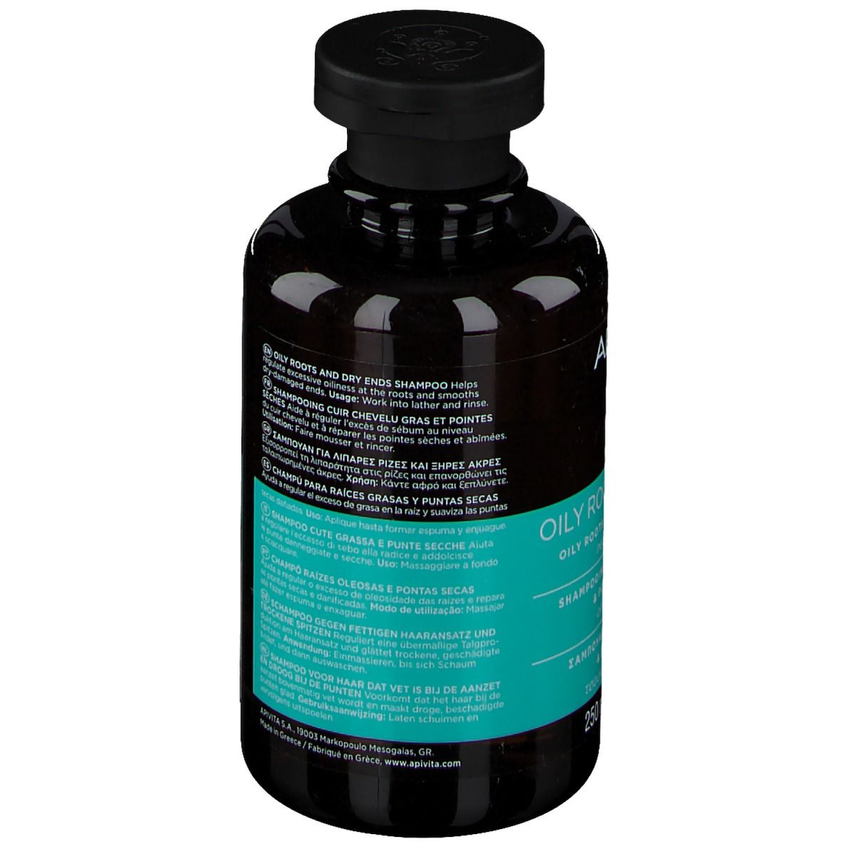 Rückseite der Flasche. Text: Oily Roots Dry Ends Shampoo. Türkisfarbenes Etikett mit Text.