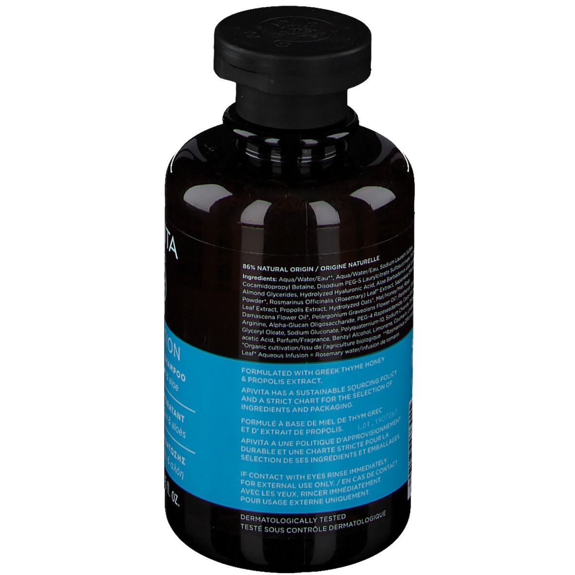 Dos du flacon. Texte avec ingrédients et informations. Étiquette bleue. Testé dermatologiquement.
