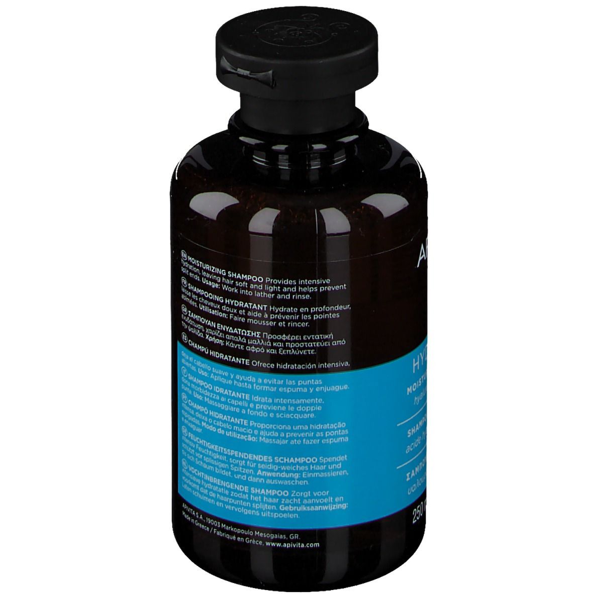 Dos du flacon. Texte avec informations. Étiquette bleue. 250 ml. Inscription: HYDRATION Shampoo.